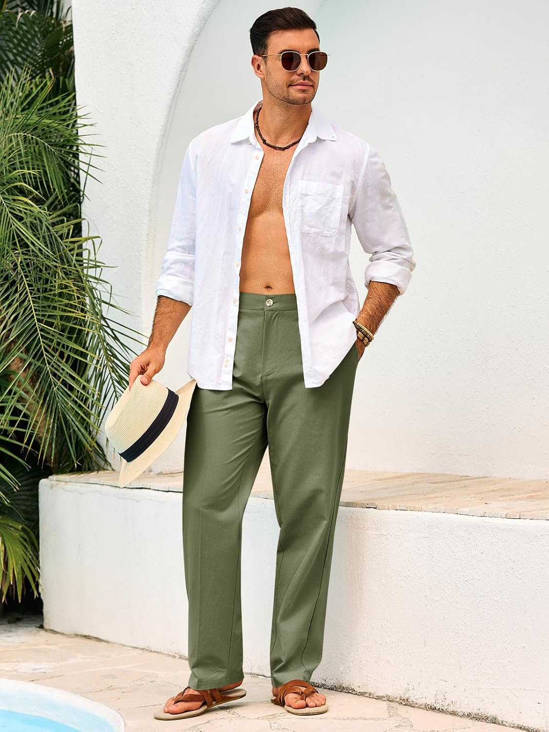 Runcati Mens Casual Pants Linen Elastic Waist Lightweight Straight Leg Pants Cotton Loose Fit Summer Beach Yoga Trousers - Image 5