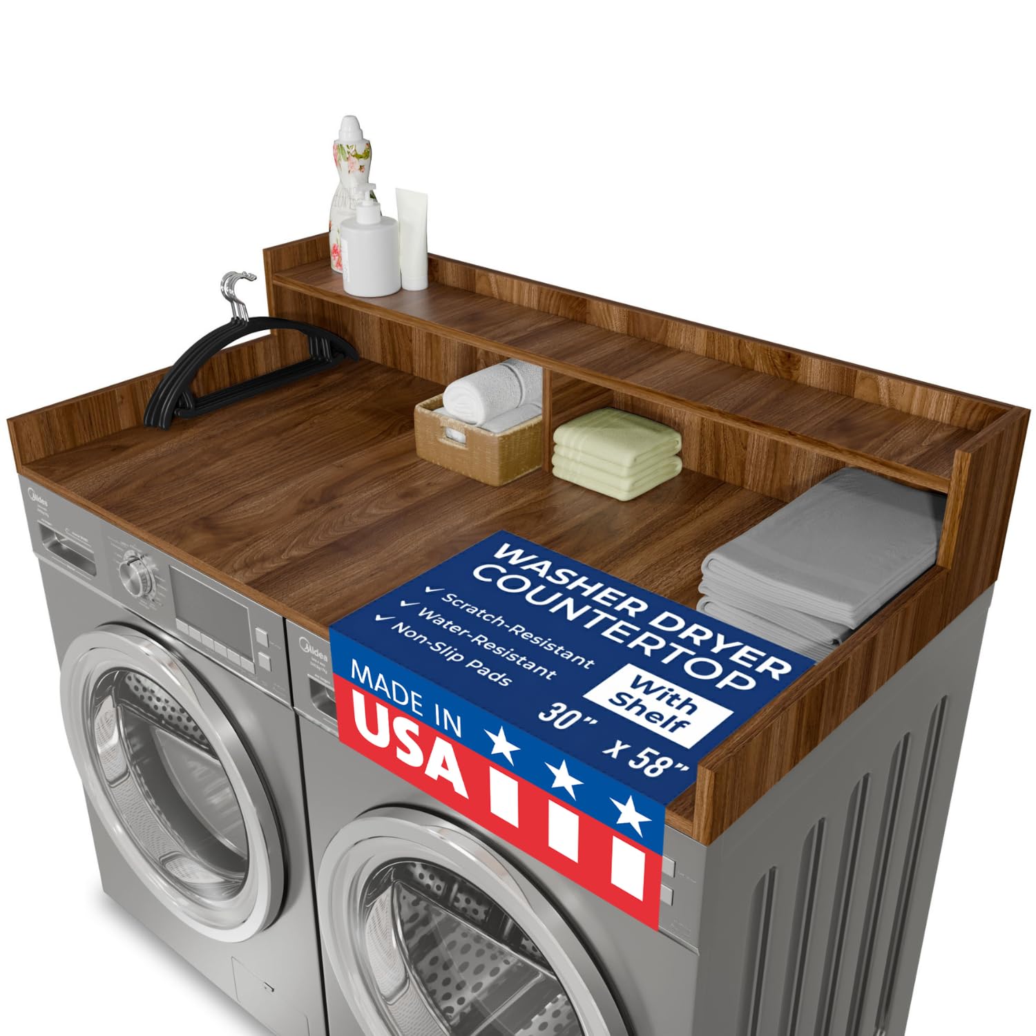 Photo 1 of *MISSING PARTS - see clerk notes*
OfficeSimpli Large Washer Dryer Countertop with Shelf, 30 x 58 Inch Made in USA Laundry Countertop Over Washer and Dryer with Non-Slip Pads, Storage Shelf, Laundry Topper Organizer, California Walnut