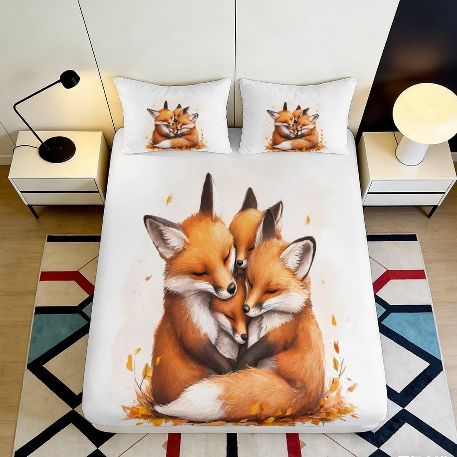 3D Printed Fox Couple Fitted Sheet Microfiber Soft Breathable Autumn Leaves Bed Cover for Bedroom Dorm Mattress Protection Decor 90x200x25cm