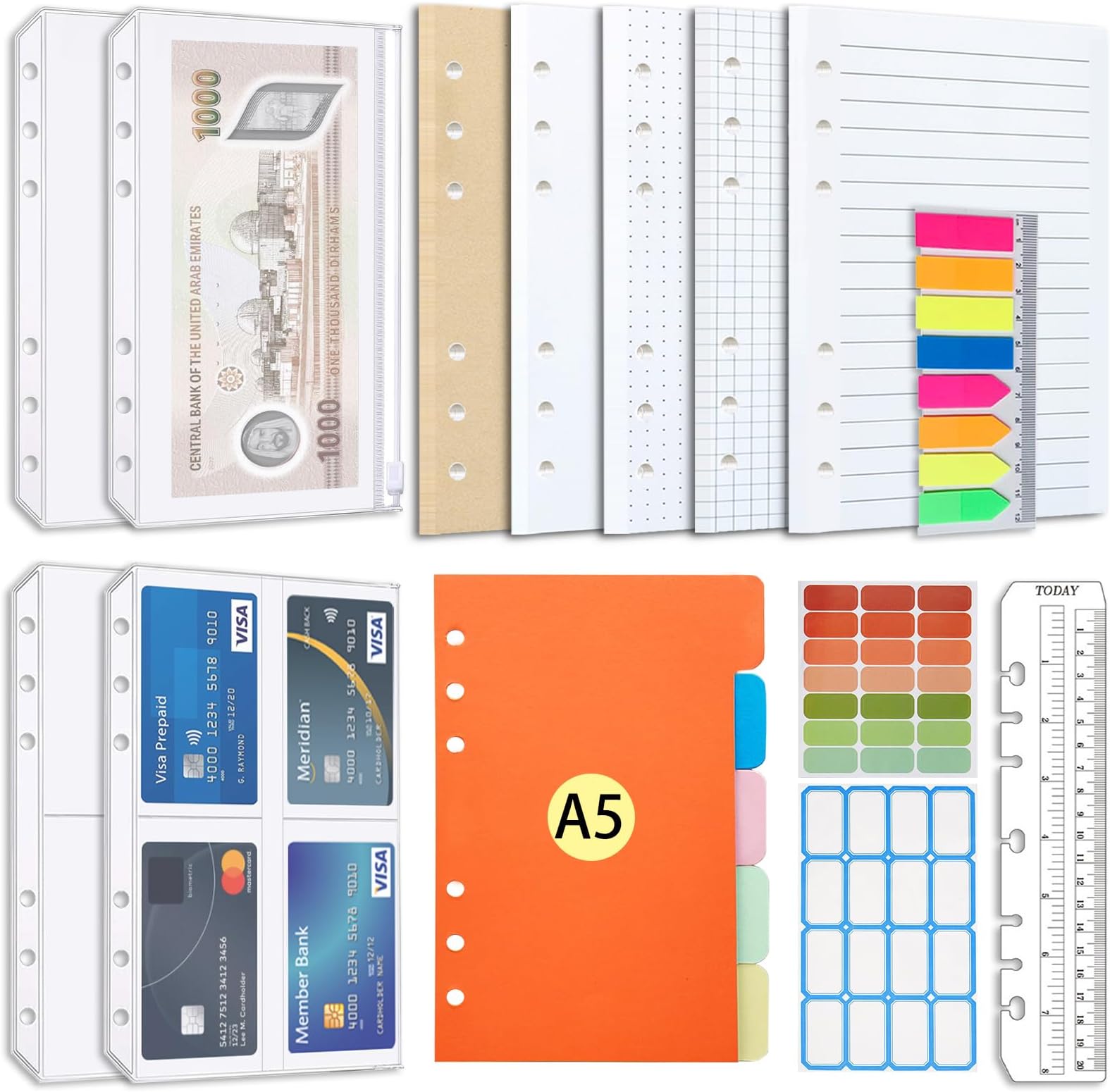 A5 Refill Paper set, A5 Flipchart Paper With 6 Holes And Housekeeping Cards, Zip Pockets, Dividers, Rulers, Sticky Notes, Etc. for 6-Ring Binder Journal Notebook
