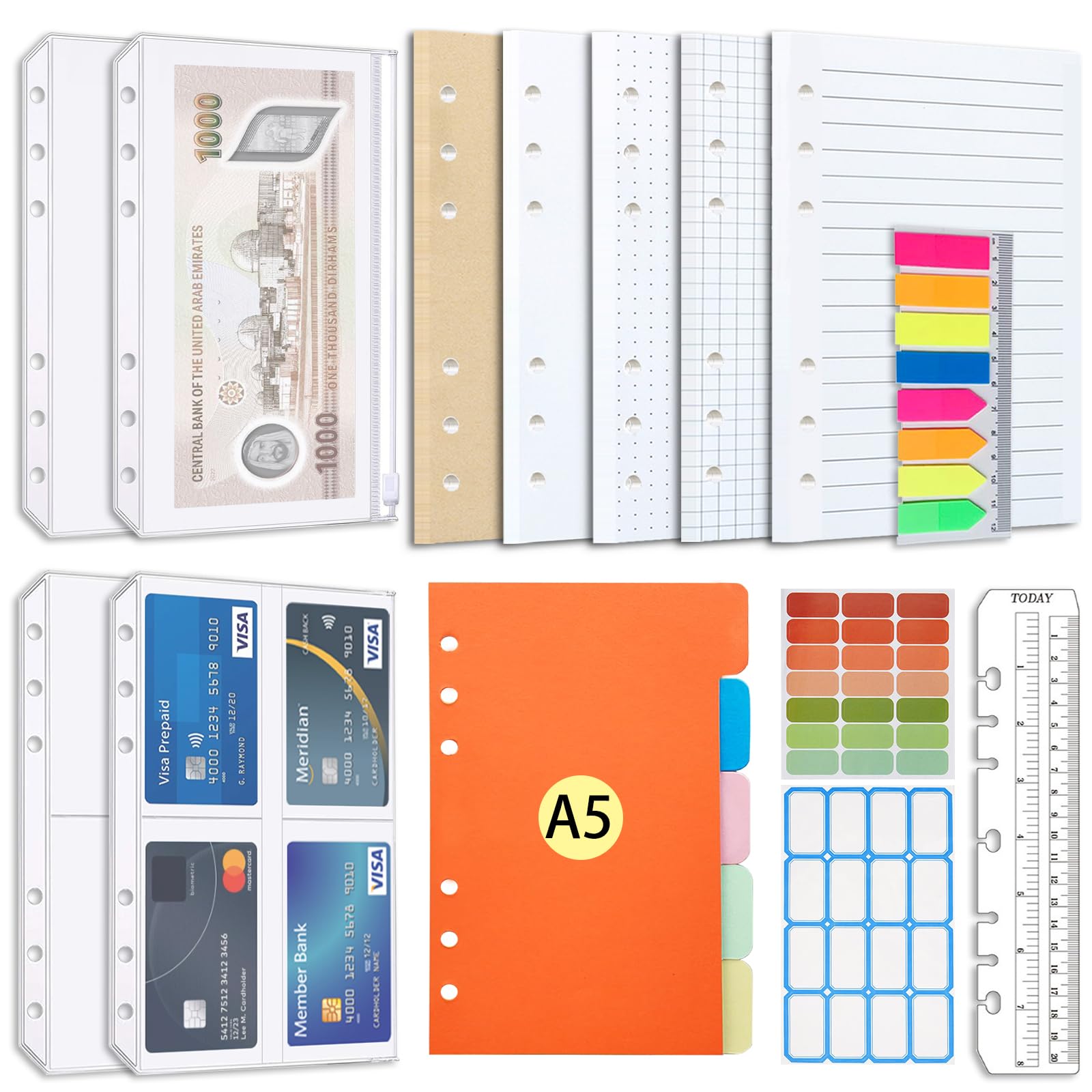 A5 Refill Paper set, A5 Flipchart Paper With 6 Holes And Housekeeping Cards, Zip Pockets, Dividers, Rulers, Sticky Notes, Etc. for 6-Ring Binder Journal Notebook