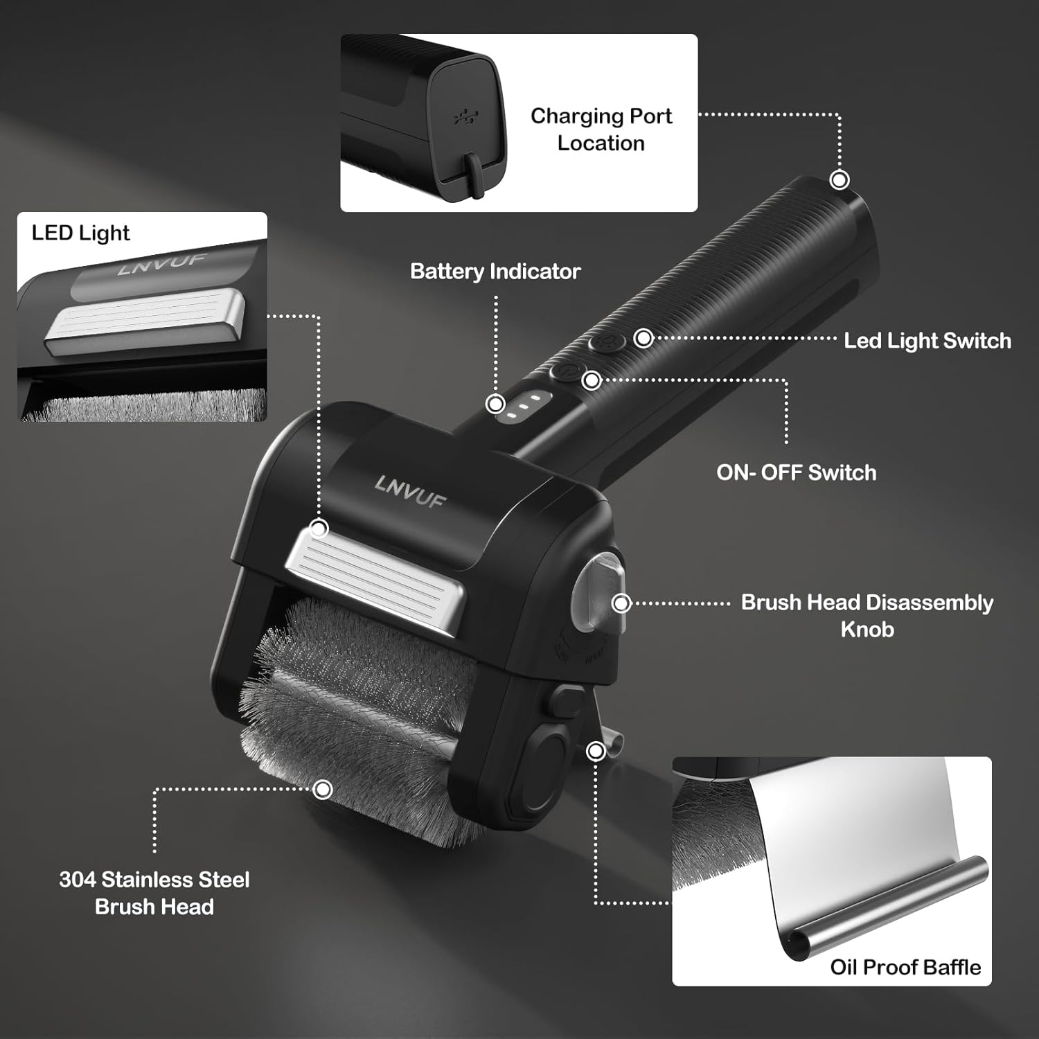 Electric Grill Brush, Grill Cleaner with LED Light, with 800 RPM Motor, 304 Removable Stainless Steel Brush Head, Cordless & Type-C Rechargeable for BBQ, Heavy Duty Grill Cleaning Tool (Black)