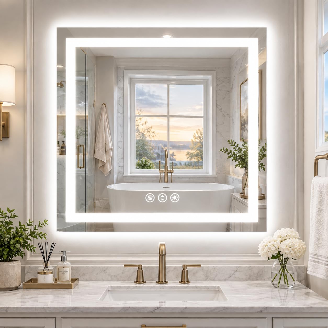 32x32 Inch Lighted Bathroom Mirror for Wall, LED Mirror for Bathroom, Dimmable, Anti-Fog, Lighted Bathroom Vanity Mirror for Wall, ETL Listed, Tempered Glass(Horizontal/Vertical)