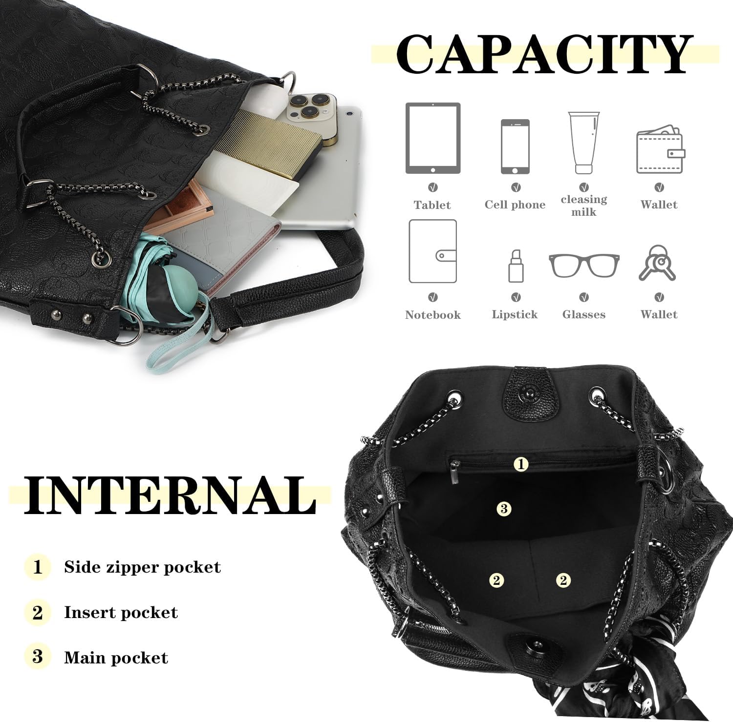 KUANG! Women Skull Print PU Leather Hobo bag Handbags 2 Sets Crossbody Bag with Scarves - Image 7