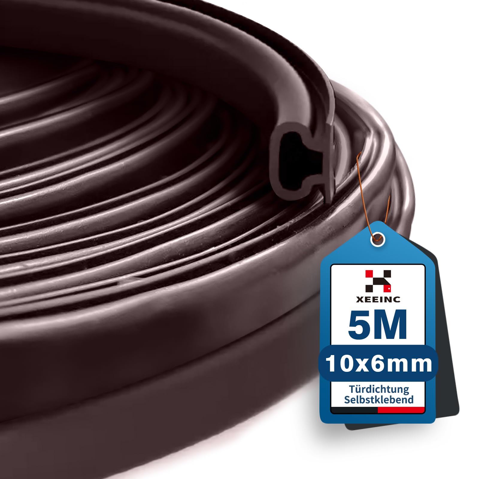 XEEINC 5m Burlete Puerta Ventana, 10mm(W) x 6mm(D) Burlete Goma Tira Sellado para Puerta Entrada, Autoadhesiva Burlete Junta Puerta Casa Aislante Frío, Ruido - Marrón