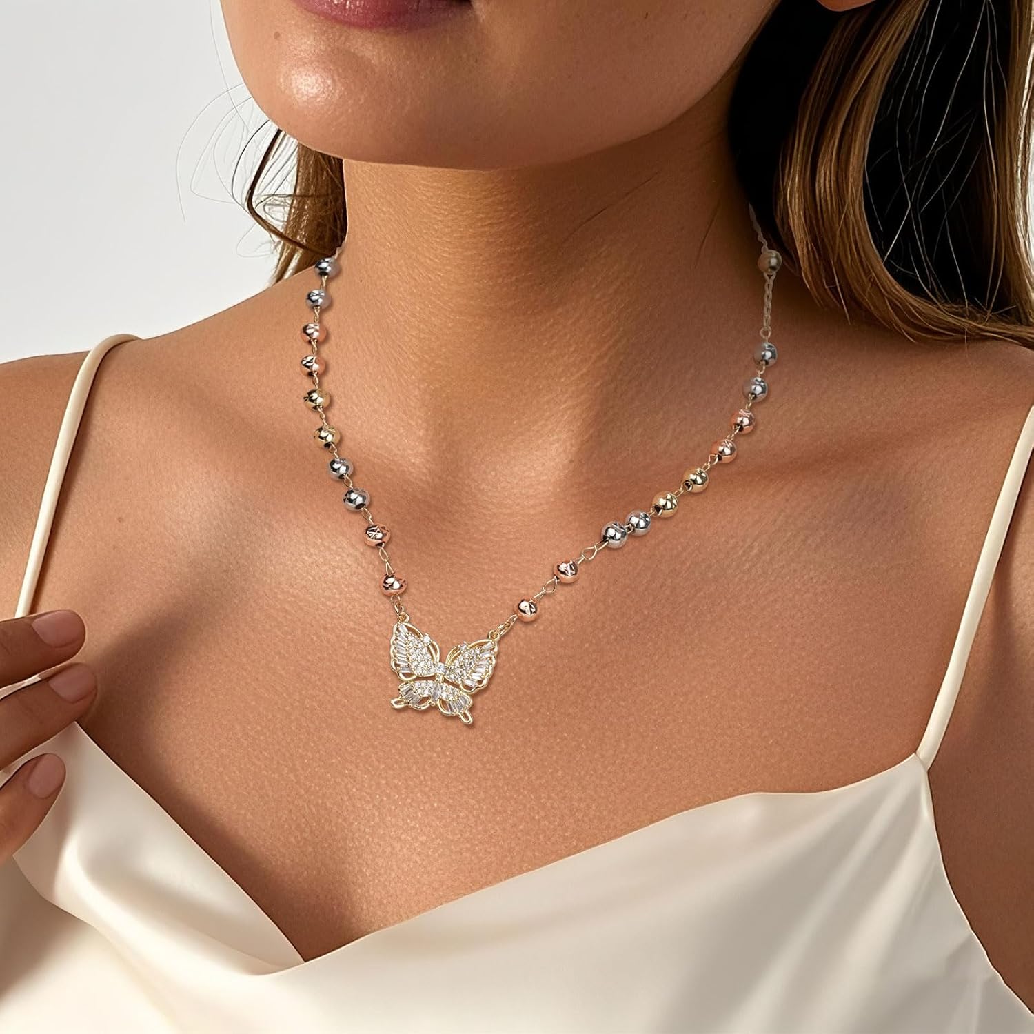 Butterfly Necklaces for Women 14K Gold Plated Dainty Cubic Zirconia Choker Necklace Trendy Beaded Chain Pendant Jewelry Gift - Image 3