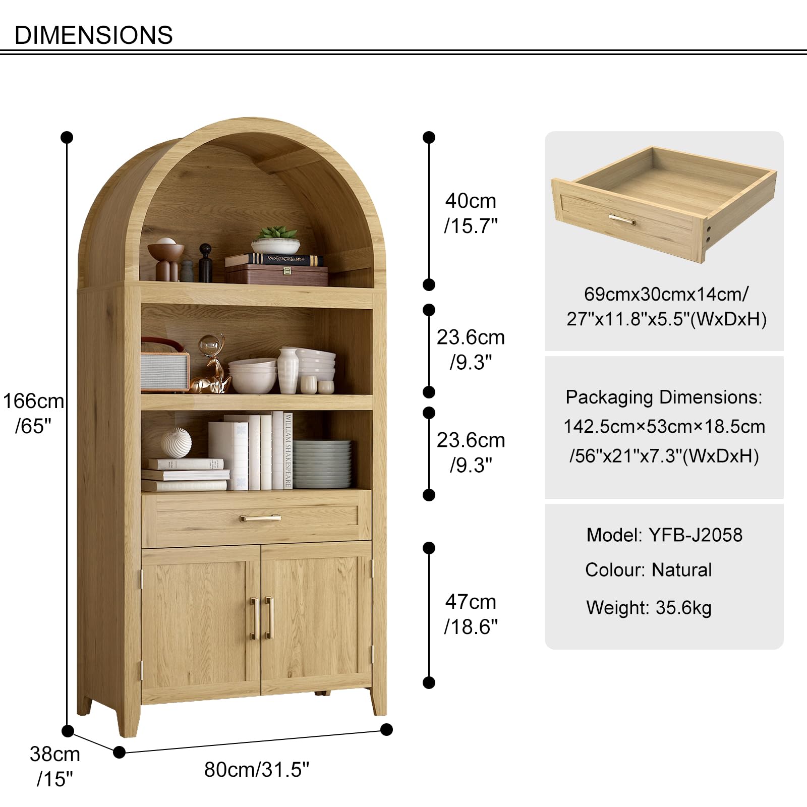 Armadietto corto ad arco con cassetti, libreria moderna in legno con anta, vetrina ad arco con ripiani, libreria per cucina, soggiorno, camera da letto, ingresso, naturale