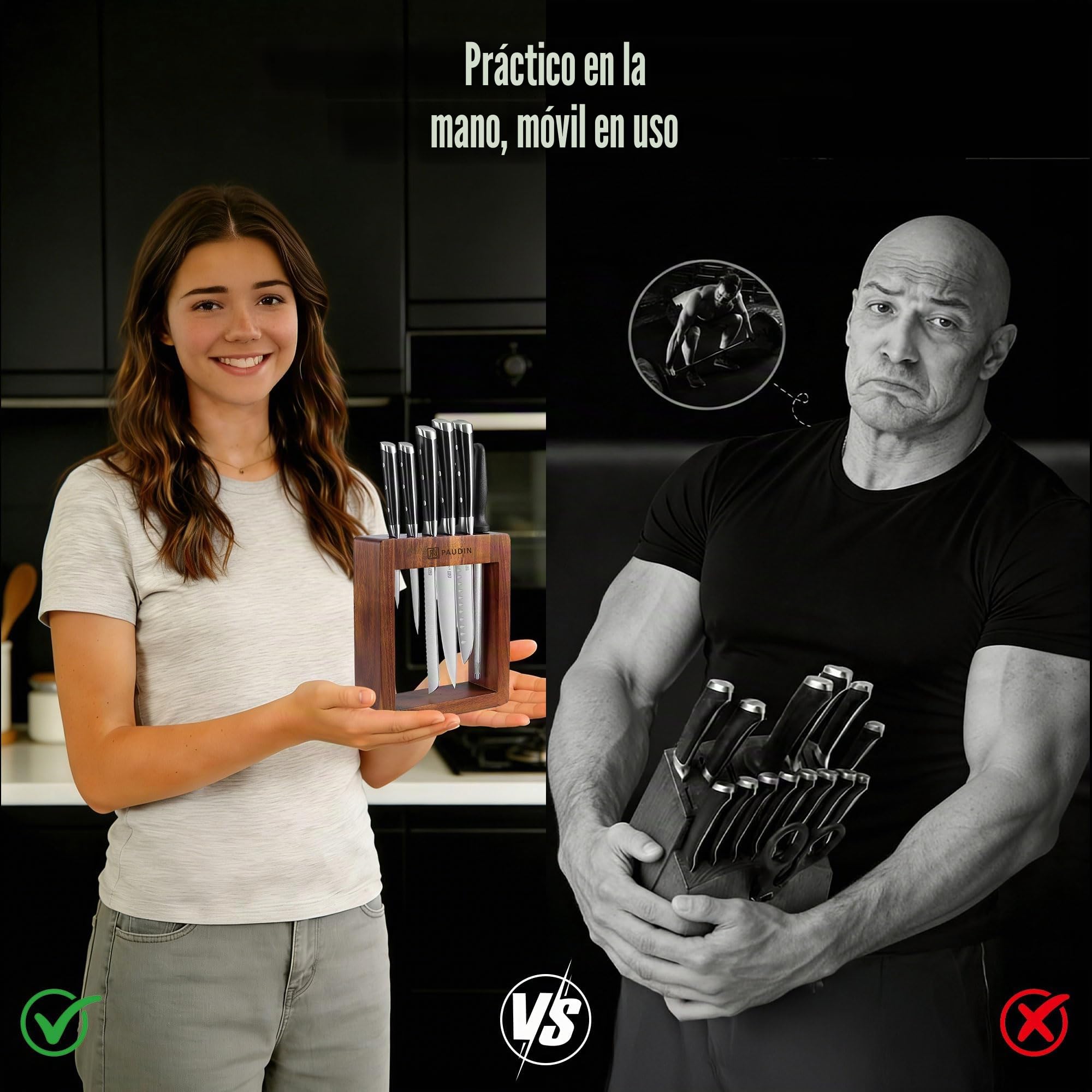 PAUDIN bloque de cuchillos con juego de cuchillos, juego de cuchillos de 7 piezas con bloque de cuchillos, juego de cuchillos de cocina con bloque de madera, juego de cuchillos de cocina profesional
