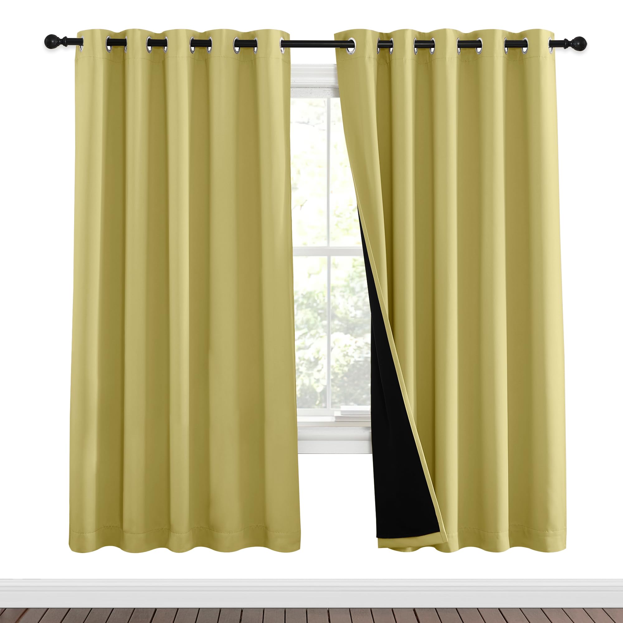 NICETOWN Paler Yellow Full Shade Curtain Panels, Pair of Energy Smart &amp; Noise Blocking Out Blackout Drapes for Dining Room Window, Thermal Insulated Guest Room Lined Window Dressing(62 x 72 inch)