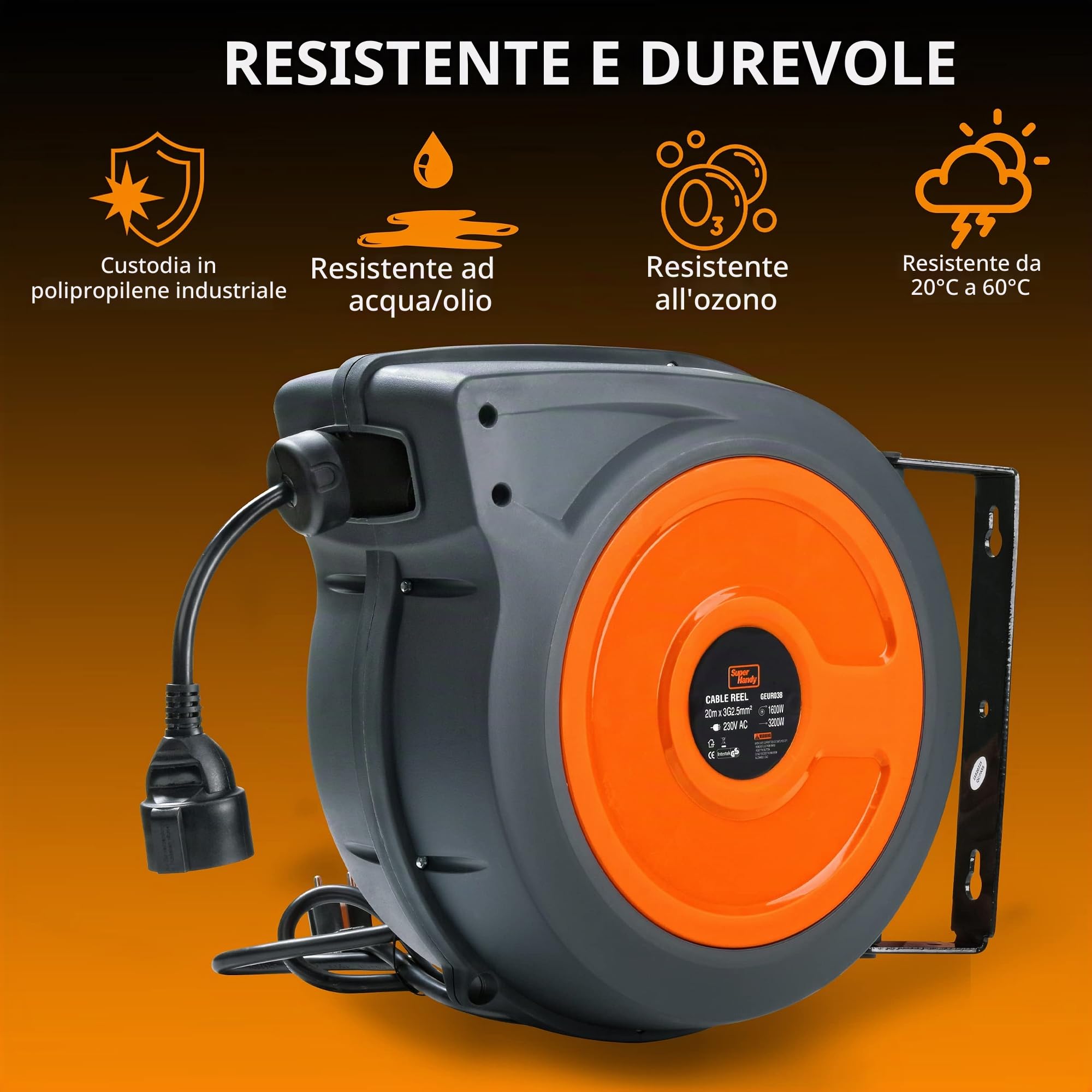 SuperHandy Prolunga Reel retrattile extra lungo 20m H05VV-F industriale polipropilene ultra Heavy Duty Commerciale Premium Grade Ultra cavo flessibile (S3) Triple presa rubinetto