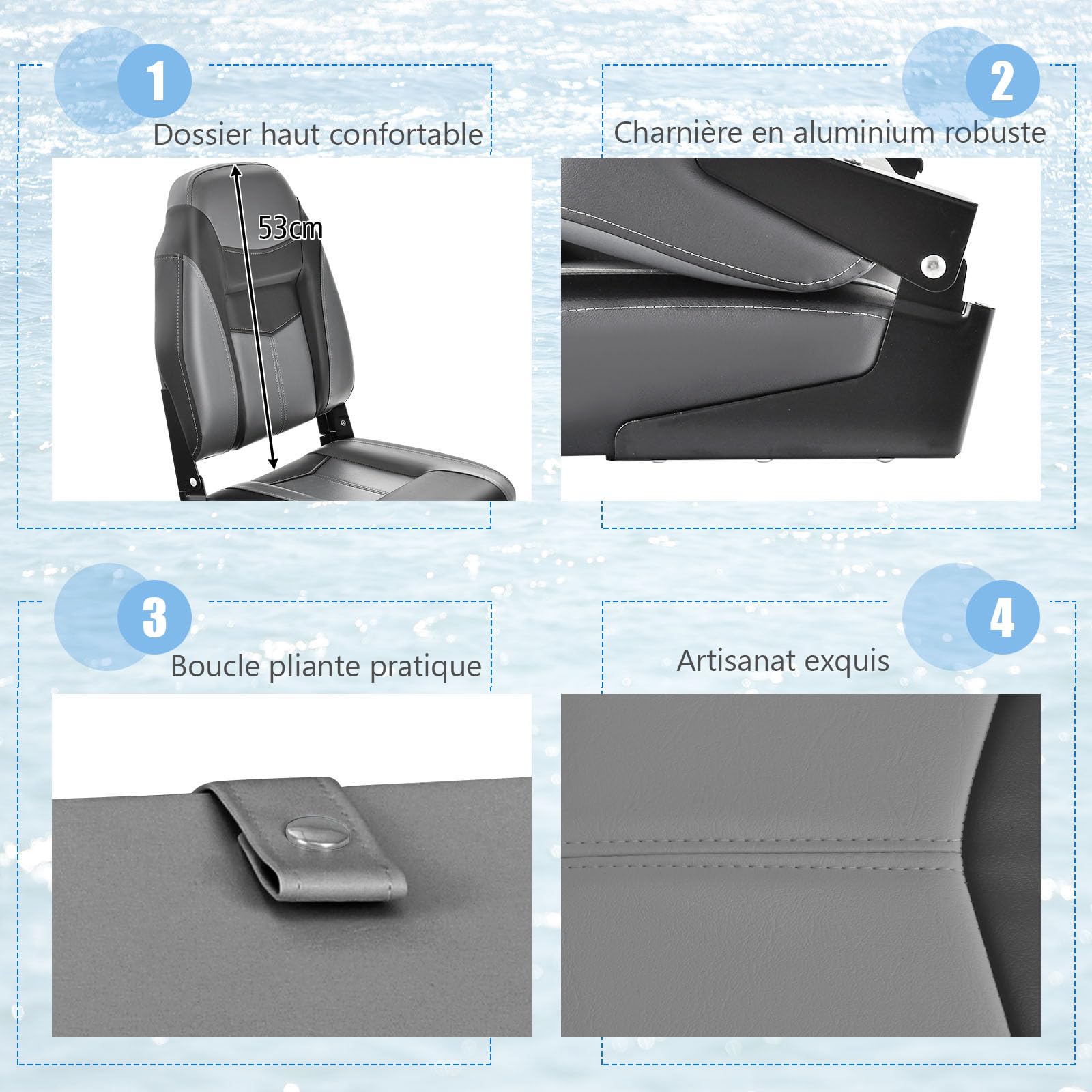 GYMAX Asiento de Barco de Respaldo Alto, Cómodo Asiento con Cojín de Espuma de Alta Densidad, Asiento de Capitán de Barco Plegable con Bisagras Flexibles, Universal (Negro, 44 x 50 x 60 cm - 1 PC)