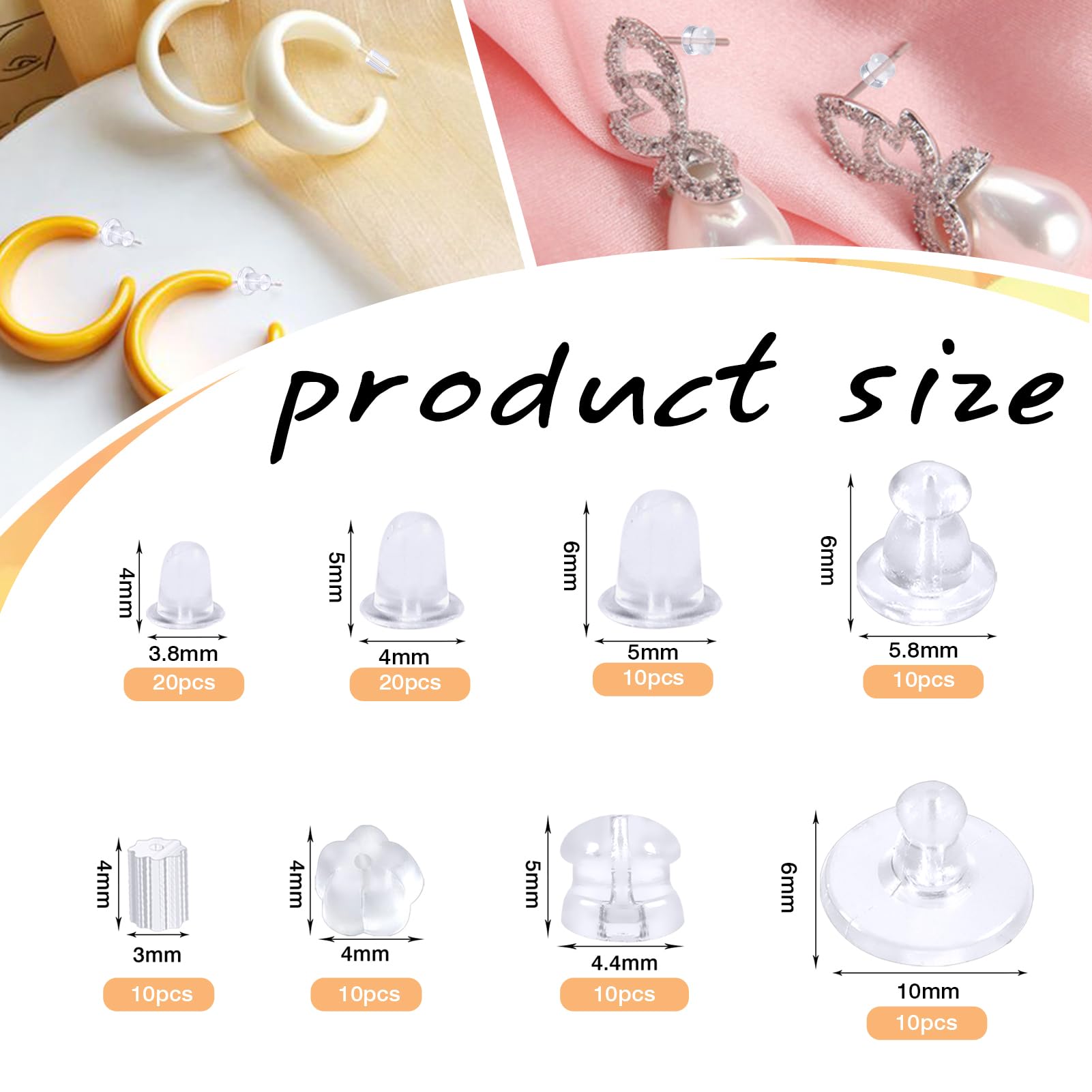 LunarCharm 100 chiusure in gomma per orecchini, morbide e trasparenti, chiusure per orecchini a perno in silicone ipoallergenico come ricambio, Trasparente, XL