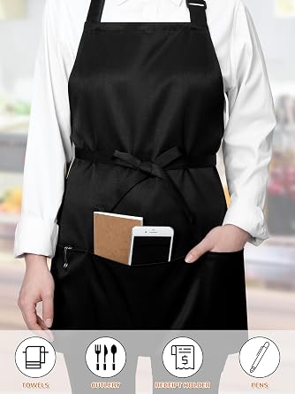 4 Pack Black Apron with 3 Pockets for Women Men Adjustable Neck Strap Bib Short Aprals for Waitress Chef Coffee