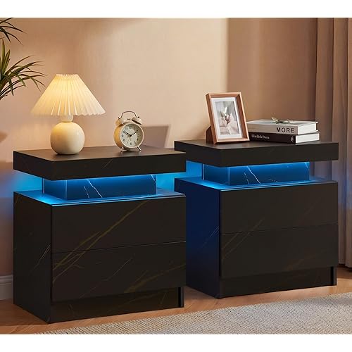 i-aplus LED Nightstand LED Bedside Table with 2 Drawers, Wooden Cabinet Unit with LED Lights for Bedroom, End Table Side Table for Bedroom Living Room…