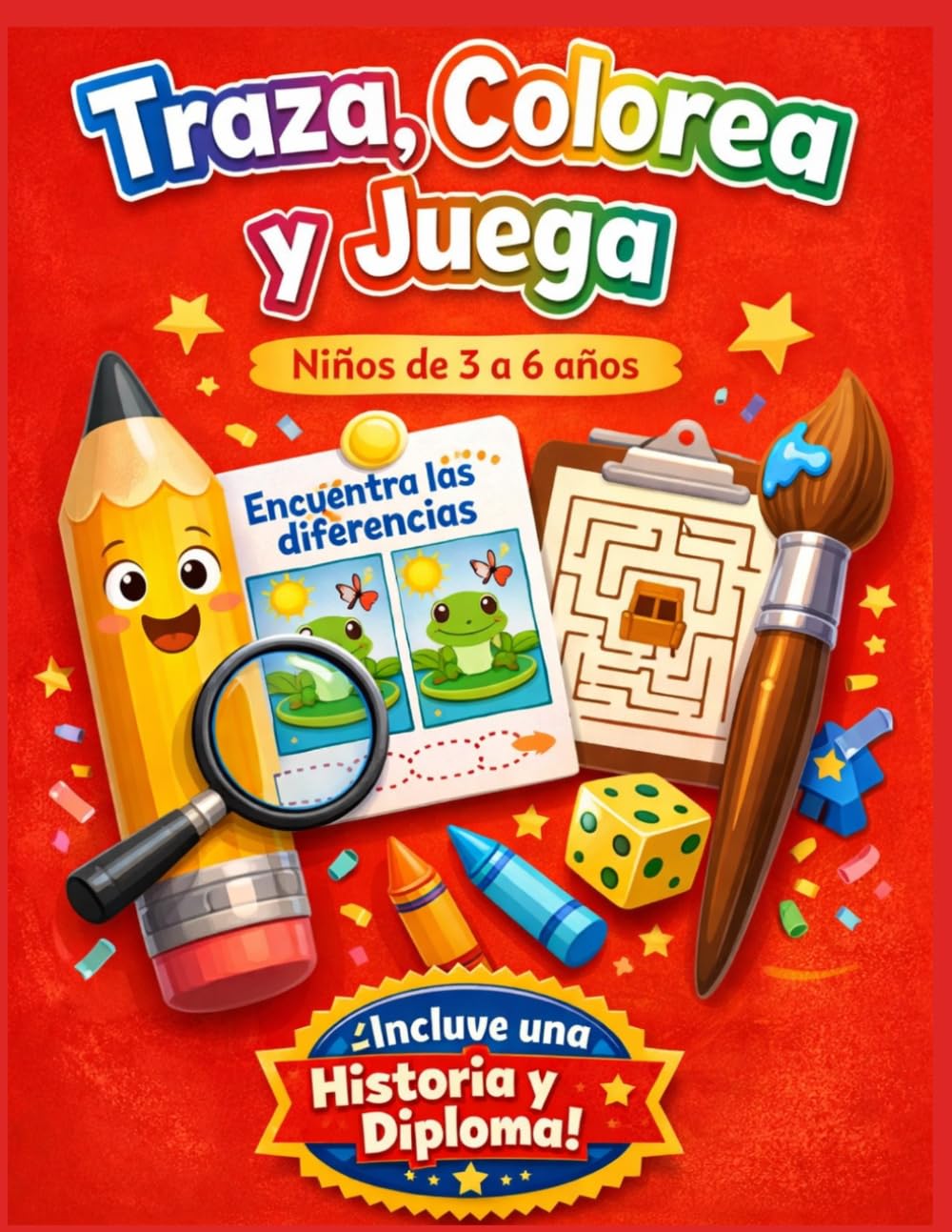 Traza, Colorea y Juega: Libro de Actividades para Niños de 3 a 6 Años con Laberintos, Encuentra las Diferencias y Diploma Final