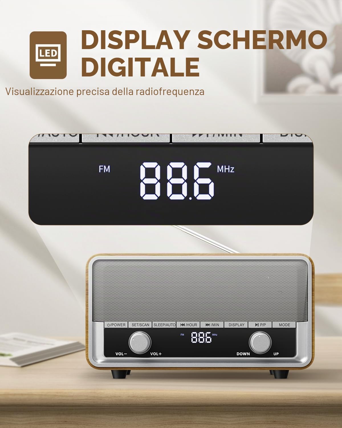 Radio AM FM retrò con spina digitale da parete per camera da letto con display LCD, 40 preset, timer di spegnimento, altoparlante Bluetooth retrò per ufficio, ottimo regalo in legno