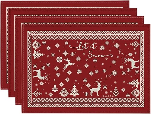 Artoid Mode Juego de 4 manteles individuales de invierno con copos de nieve de reno, 12 x 18 pulgadas, manteles individuales de temporada color rojo