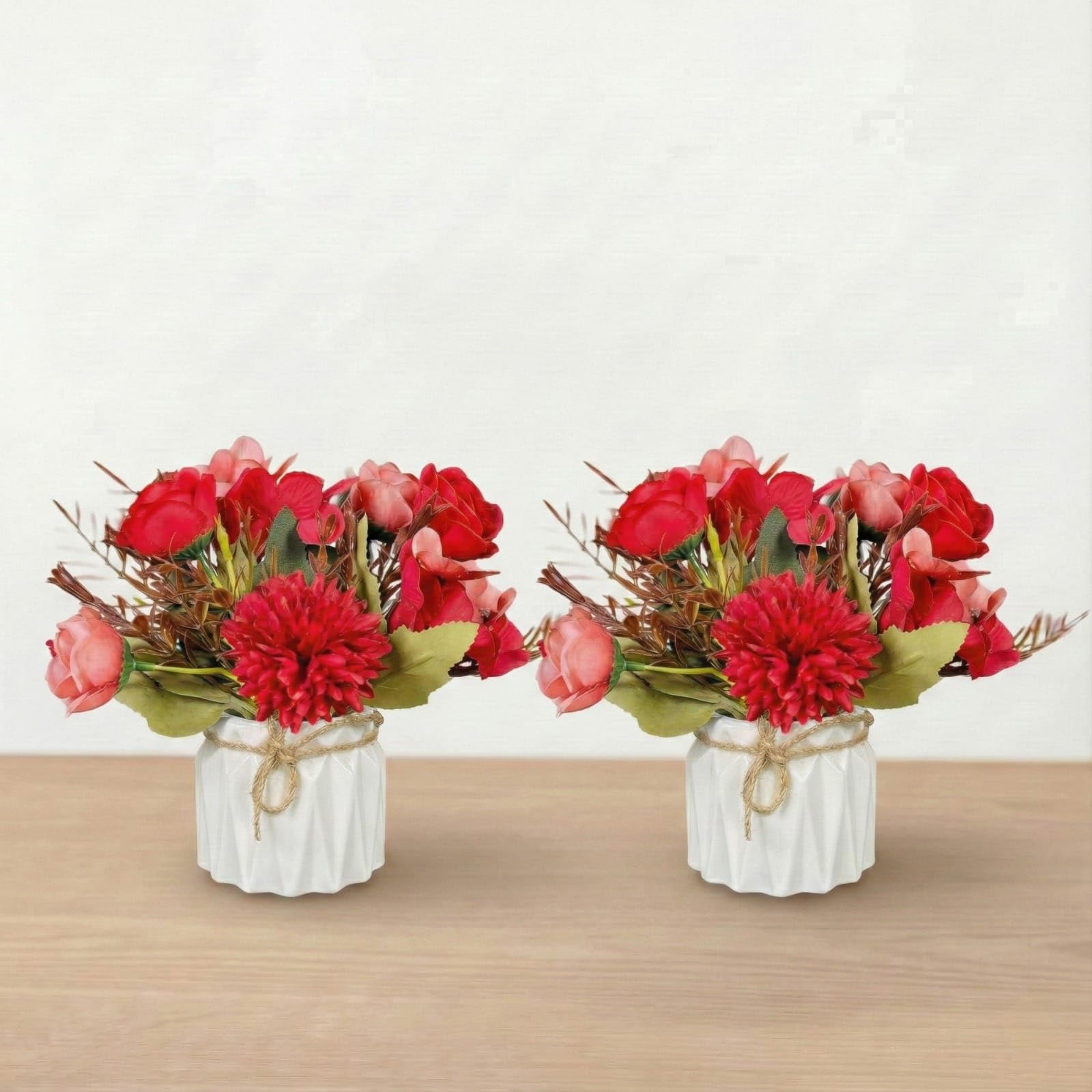 Dekorly Artificial Lavender Plant in White Pot, 18cm – Realistic Faux Flower Arrangement for Home & Office Décor (Set of 1) (2, Chrya Red Bunch)