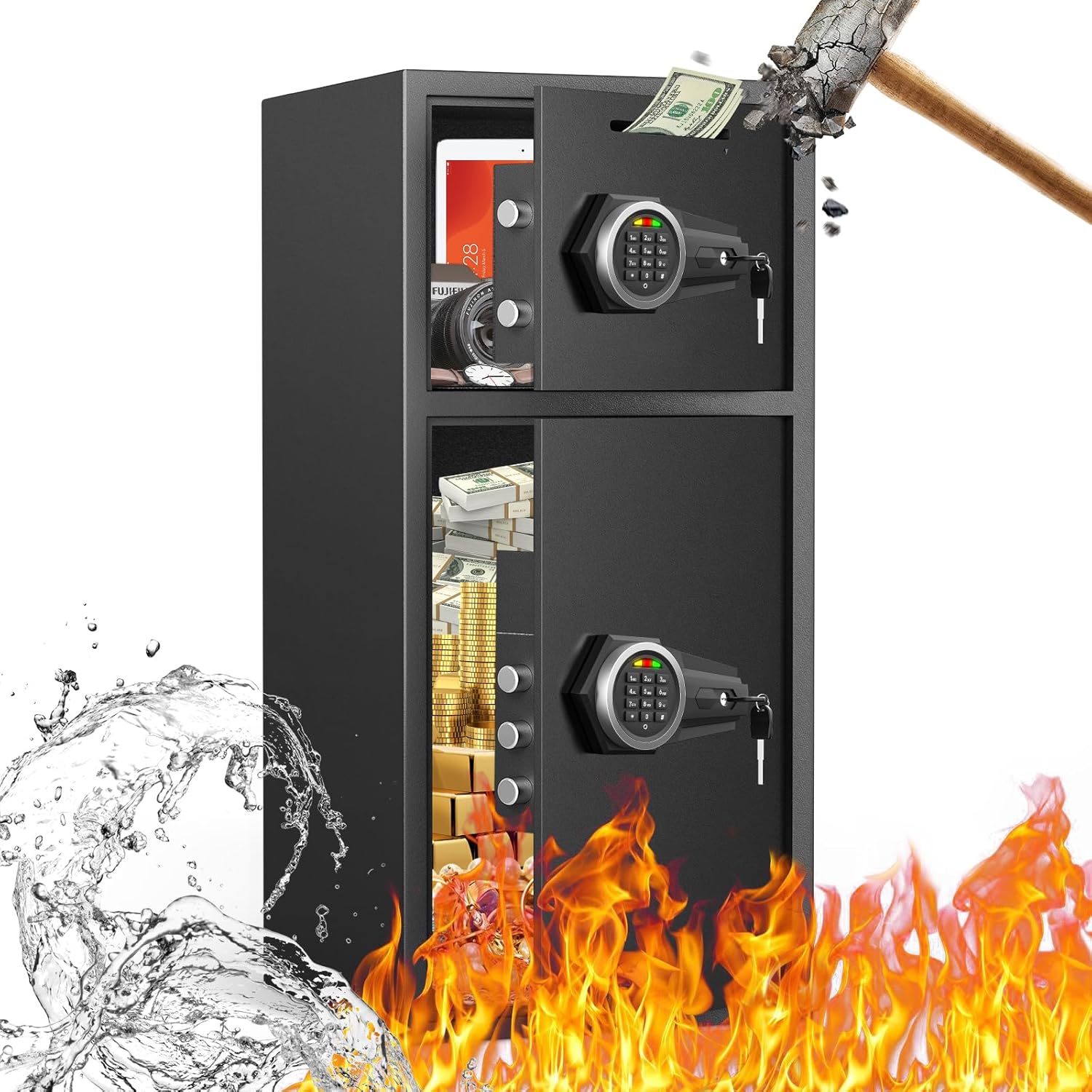Caja fuerte grande de doble puerta, impermeable, resistente al fuego, 7.0 pies cúbicos con luz LED y sistema de alarma doble, teclado digital para