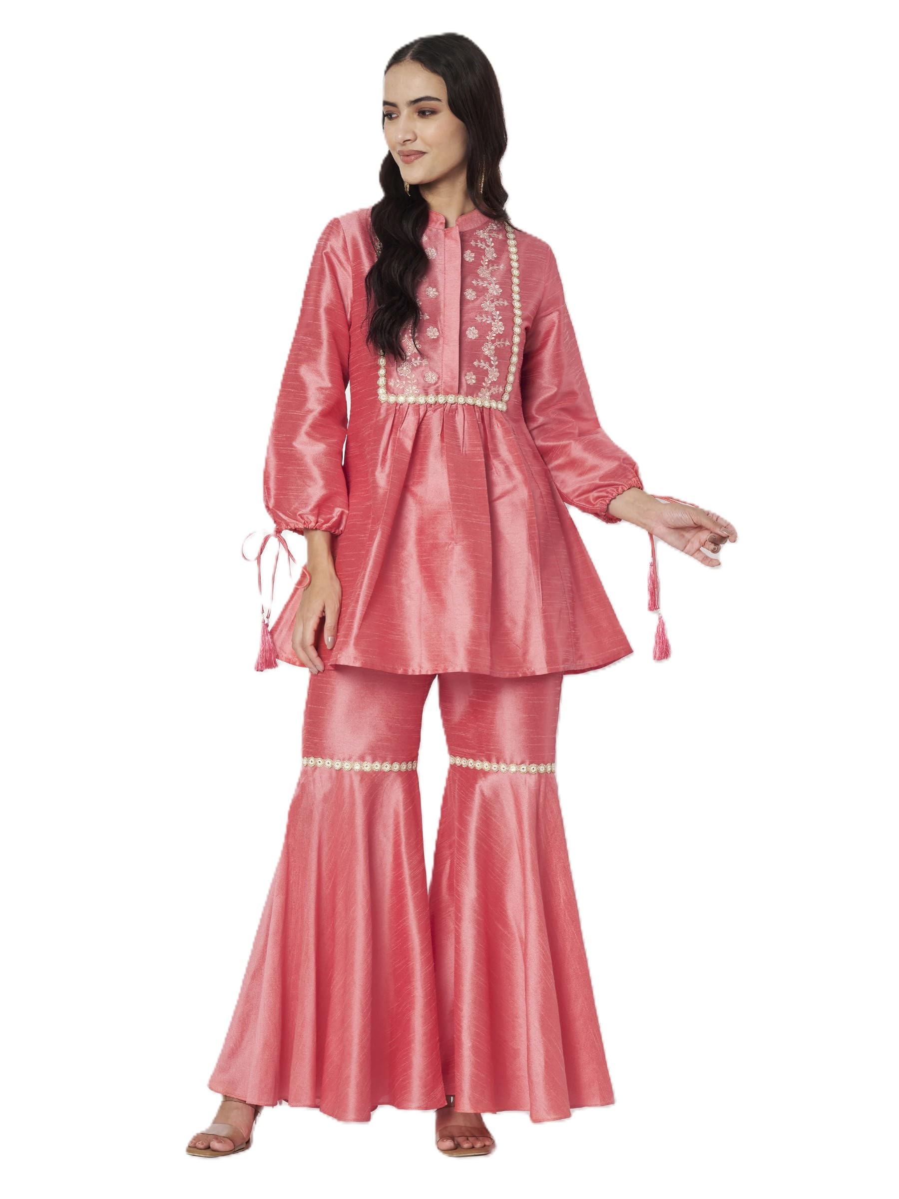 Women Balloon Sleeves with Flared Hemline Floral Embroidery Tunic with Flared trouser-image-37