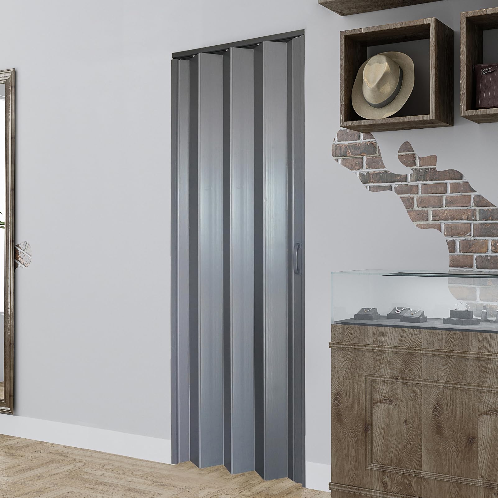 DIYHD 32X96in Interior Folding PVC Accordion Door,Grey,Include Door and Mounting Hardware,Handle,Latch,Folded Width 4-7/8"