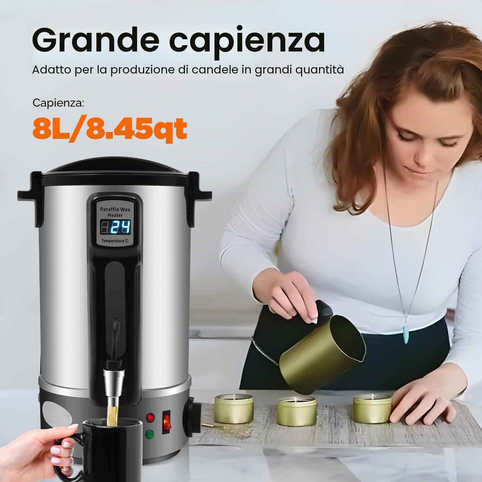 Poyujkyhr 8 l, fusore di cera per candele, 1100 W, professionale, elettrico, con display digitale a LED, regolazione della temperatura 86-212 °C, riscaldamento rapido per la produzione di candele fai
