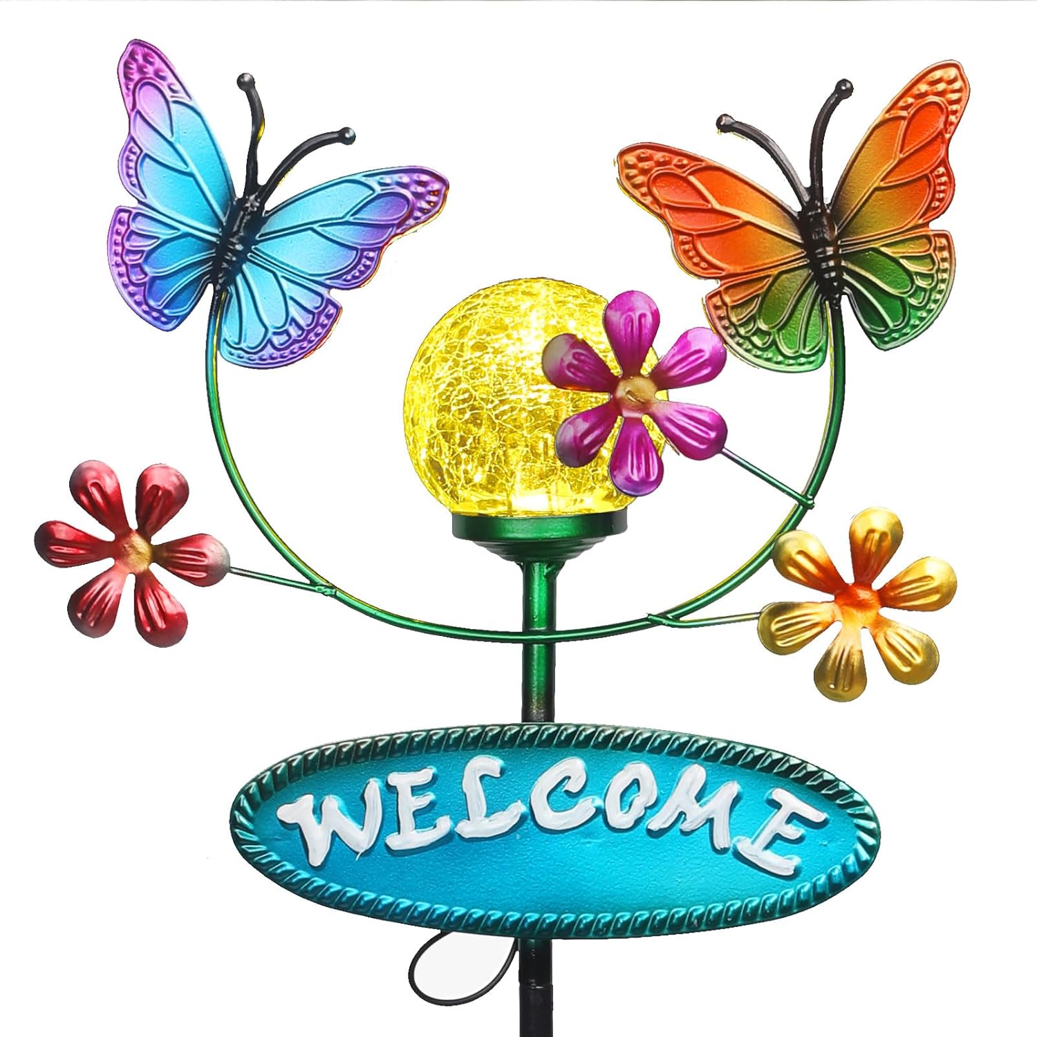 Solar Garden Stakes Metal Welcome Signs for Outside 28.1' - 2 Flying Butterflies with Cracked Glass Ball,Decorative Garden Stakes for Lawn, Patio, Butterfly Gifts for Women