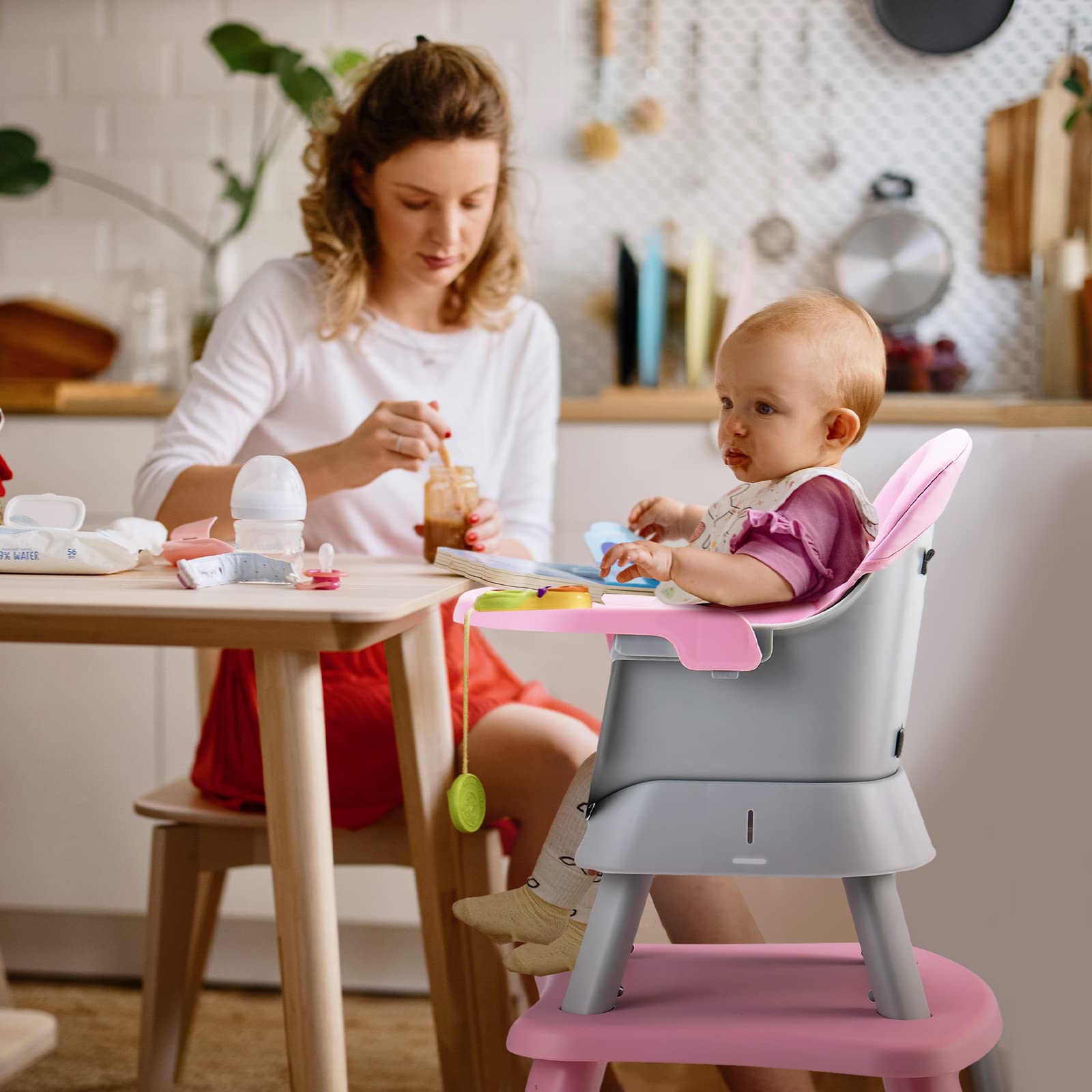 RELAX4LIFE 6 en 1 Trona Bebé con Arnes de 5 Puntos y Cojín Desmontables, Tronas de Bebe Portátil con Bandeja Ajustable y Extraíble, Mesa y Silla Infantil para Niños 6+ Meses, Carga 25kg (Rosa)