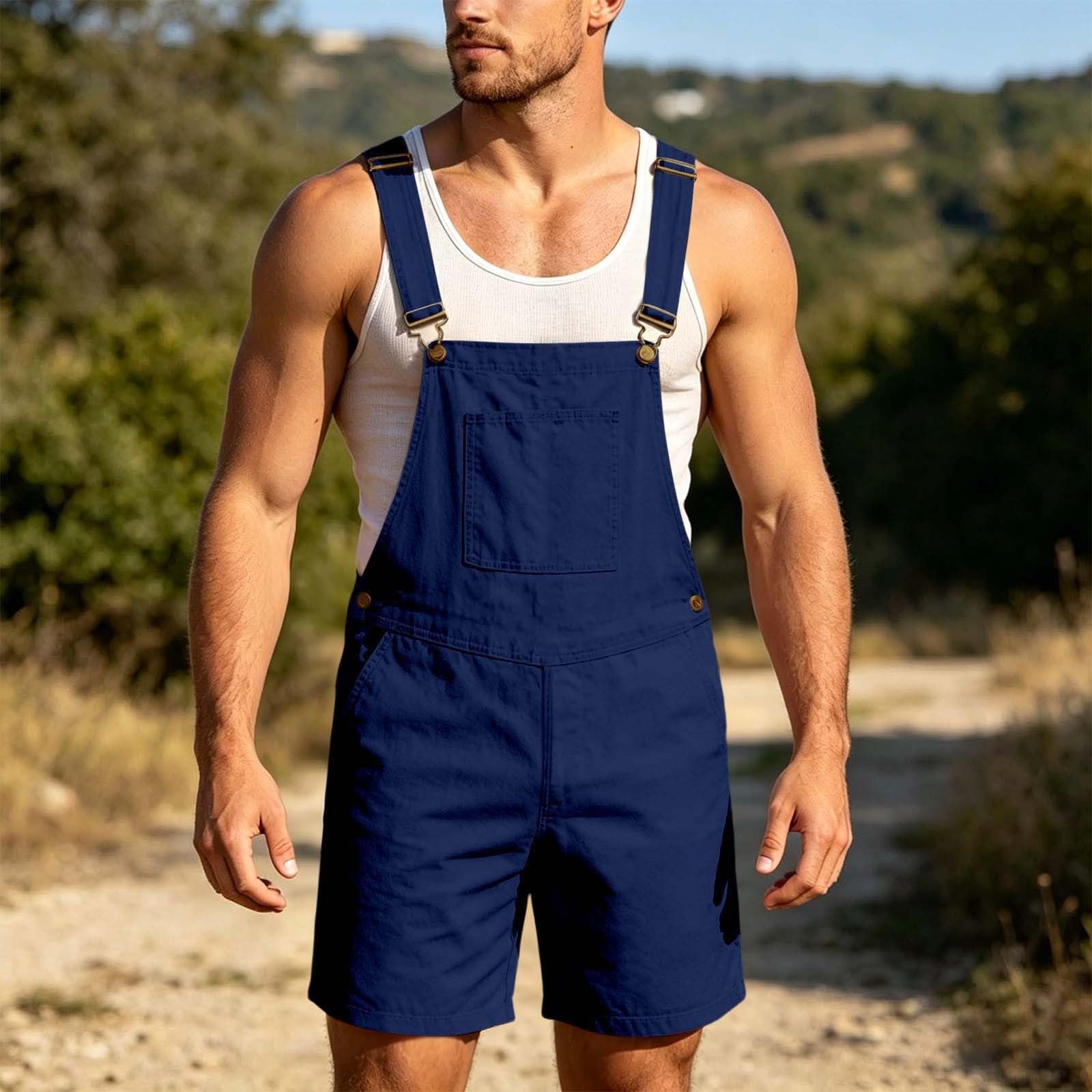 Générique Salopette en Jean pour Homme Short D'été Combinaison en Jean Salopette Cargo Baggy Pantalon de Travail Court Coupe Ample Vintage avec Poches