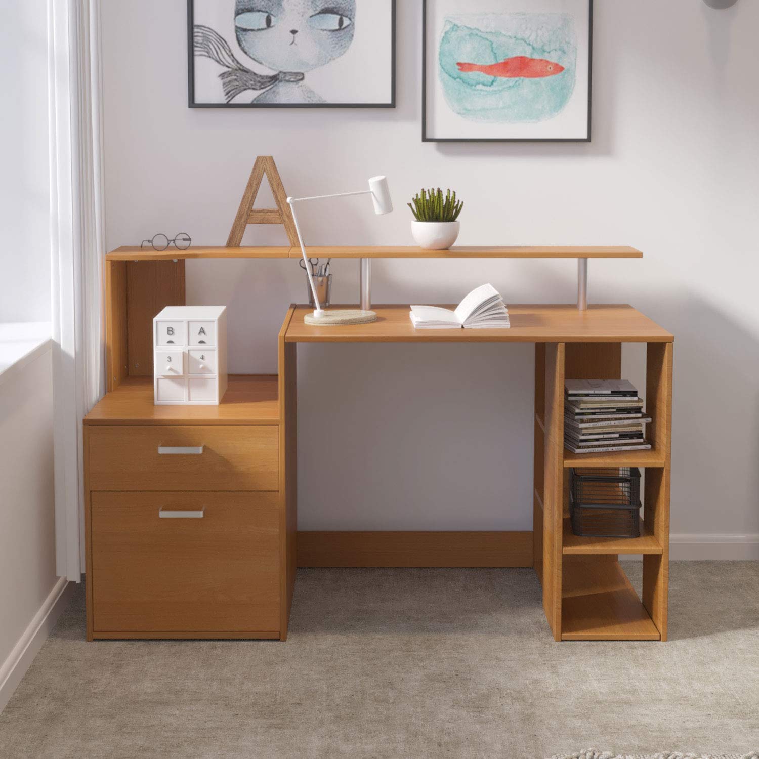 Hadwin Computer Desk for Home,Wood Office Desk with Drawers/Shelves