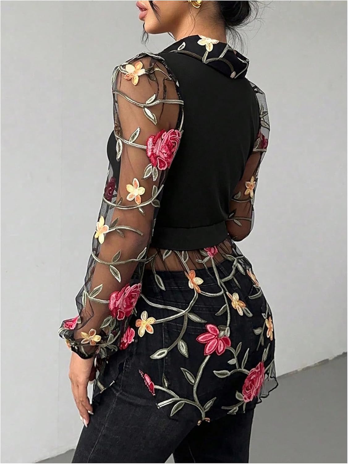 WDIRARA Women's Floral Embroidery Mesh Sheer Blouse Collared Bishop Long Sleeve 2 in1 Top - Image 3