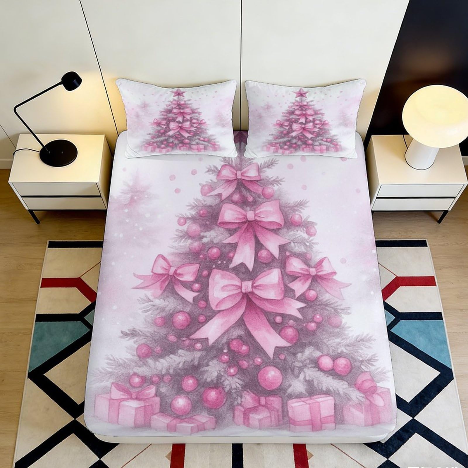 3D Printed Pink Christmas Tree Fitted Sheet Microfiber Deep Pocket Bedroom Bedding Christmas Tree Mattress Fitted Cover 200x200x25cm 90x200x25cm