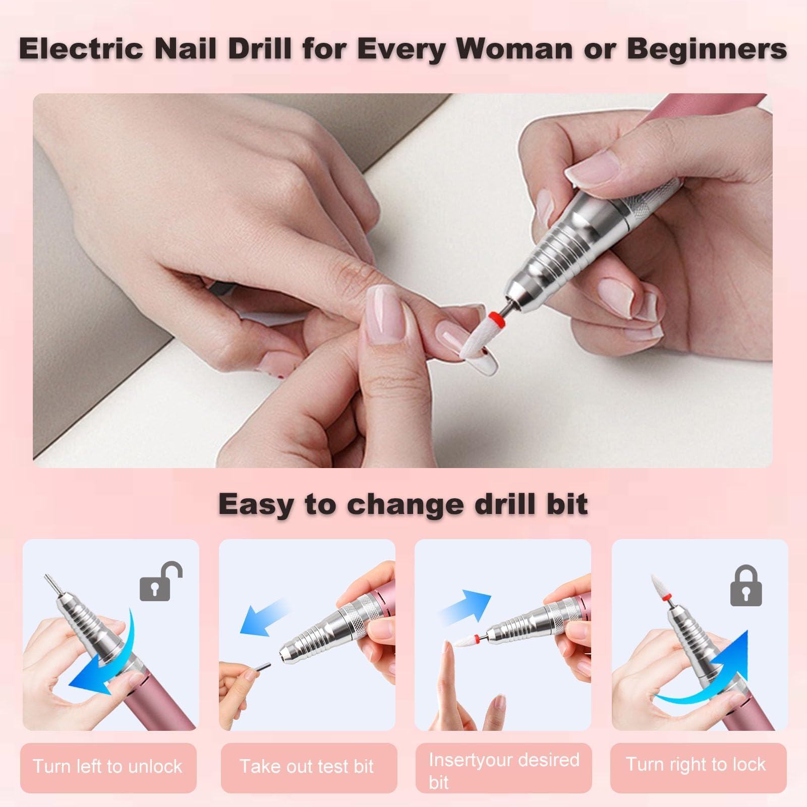Trapano elettrico per unghie con motore brushless, 40000 giri/min, lima professionale senza fili per rimozione di acrilico e gel, kit per manicure e pedicure ricaricabile con 12 punte per uso