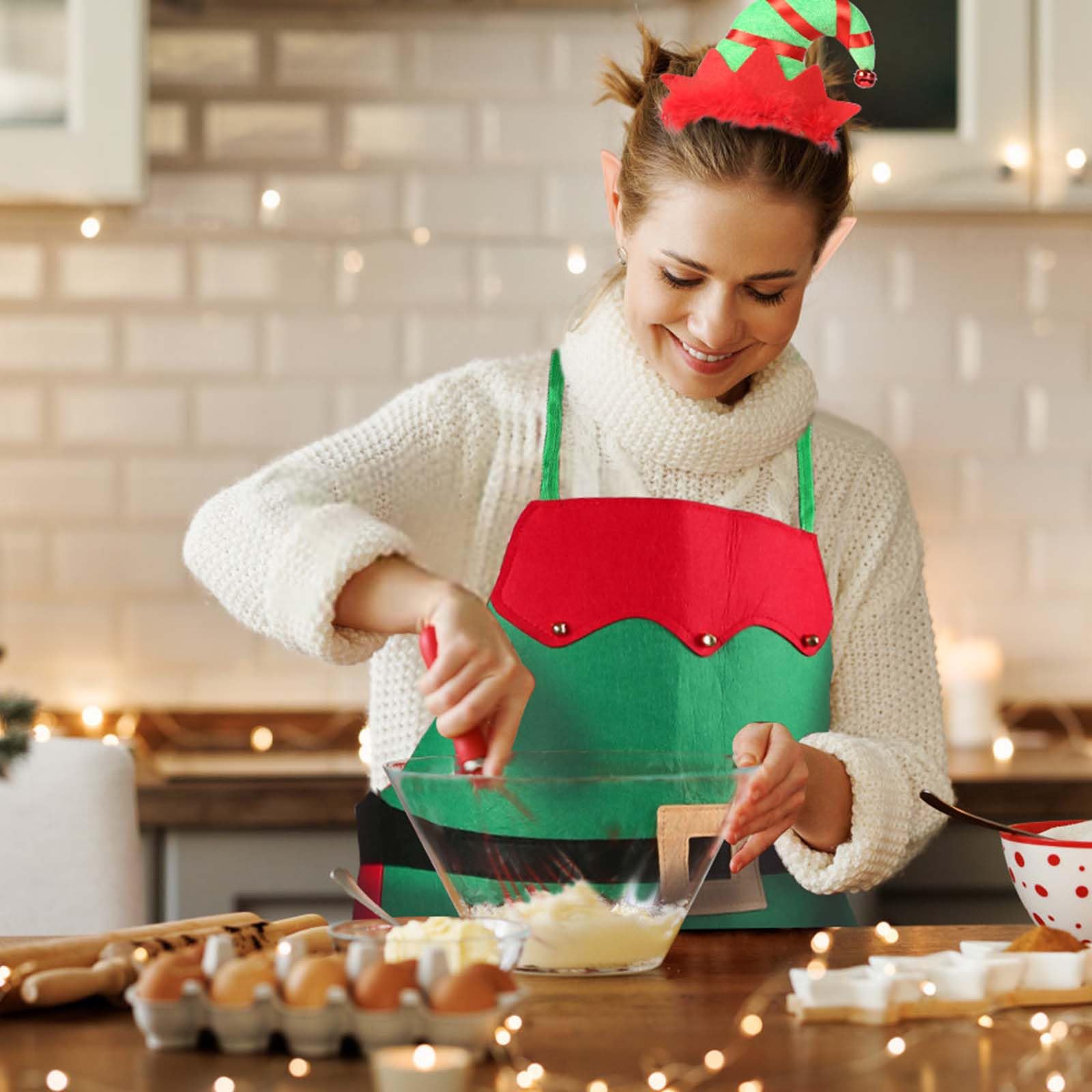 ROSEMO 3 Pack Christmas Elf Apron Set, Include Apron & Elf Hat Headband & Elf Ears - Image 4