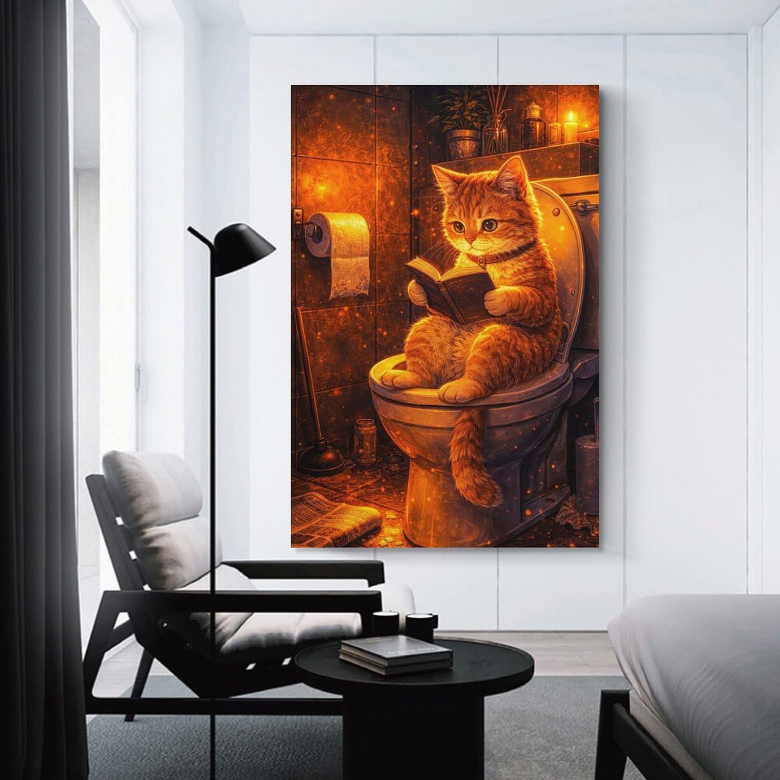 Junmoney Cat Reading on A Toilet Canvas Wall Decor 16x24inch(40x60cm), for Calm Bedrooms, Home Corners Or Flats, A Warm Accent for Relaxed Interiors