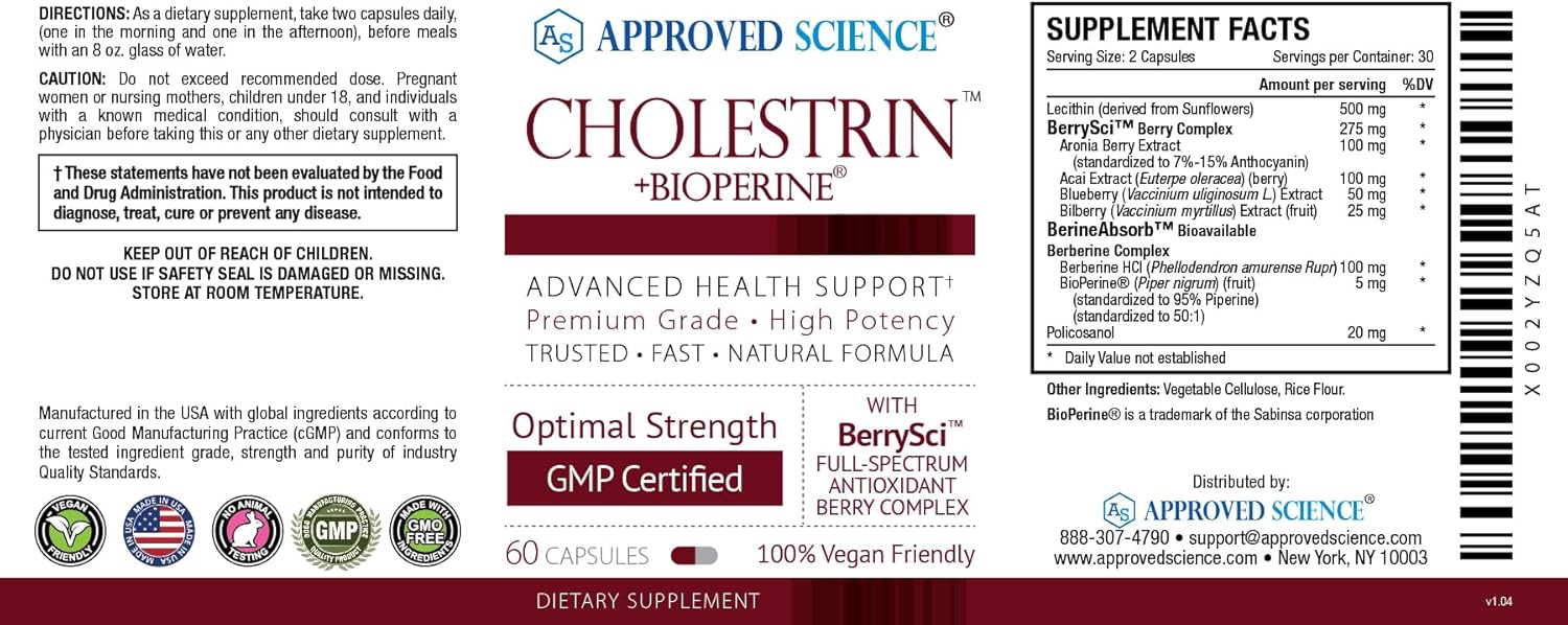 Approved Science Cholestrin - Lipid Level Support - Antioxidants, Lecithin, Berberine HCL, Berries, BioPerine - 60 Capsules - Pack of 1
