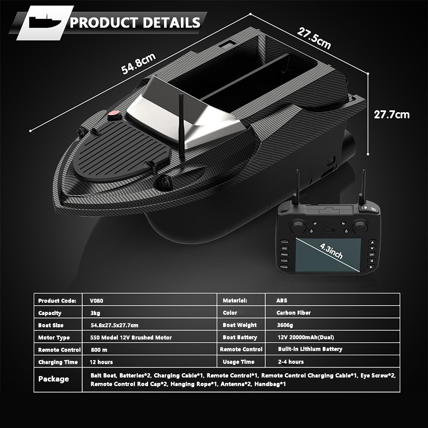 Barco Cebador GPS para Pesca con 180 Puntos, Barco Cebador Pesca, Control Remoto 800m, Doble Tolva 3KG, Retorno Automático, Luces LED, Casco ABS para Lago y Río
