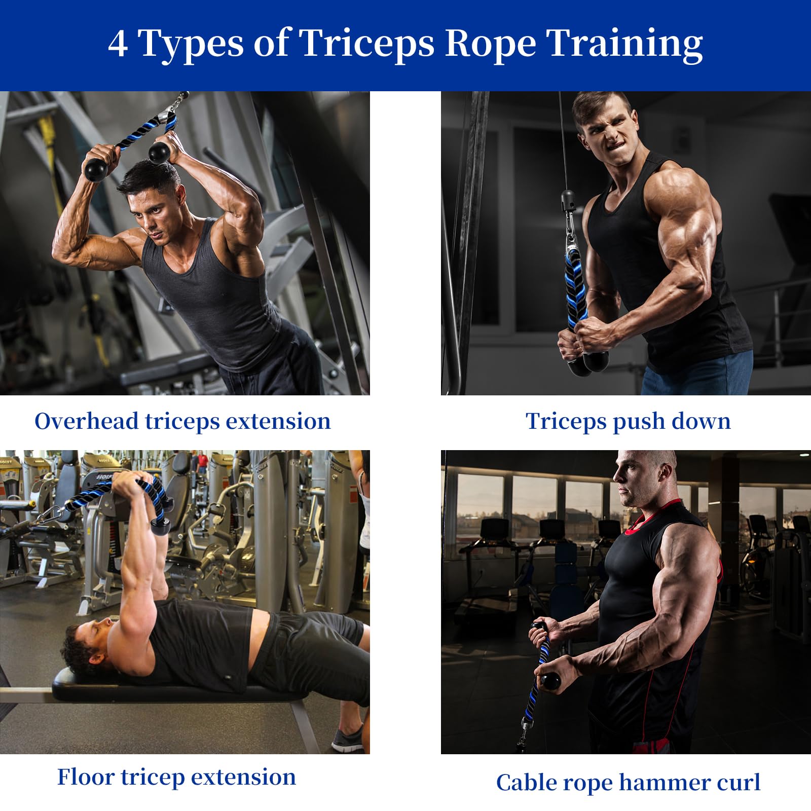 Deluxe Triceep Rope Pull Down Cable, długość liny 61 i 81 cm, łatwy do uchwycenia, antypoślizgowy kabel do ćwiczeń na siłowni