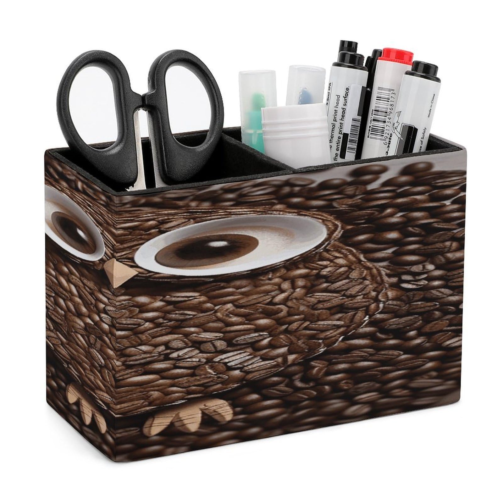 FekiLoot Coffee Bean Owl Leather Pen Holder for Desk Double Compartments Brush Minimalist PU Leather Pencil Holder Locker Organizer for Work Locker Accessories Pencil Cup for Desk