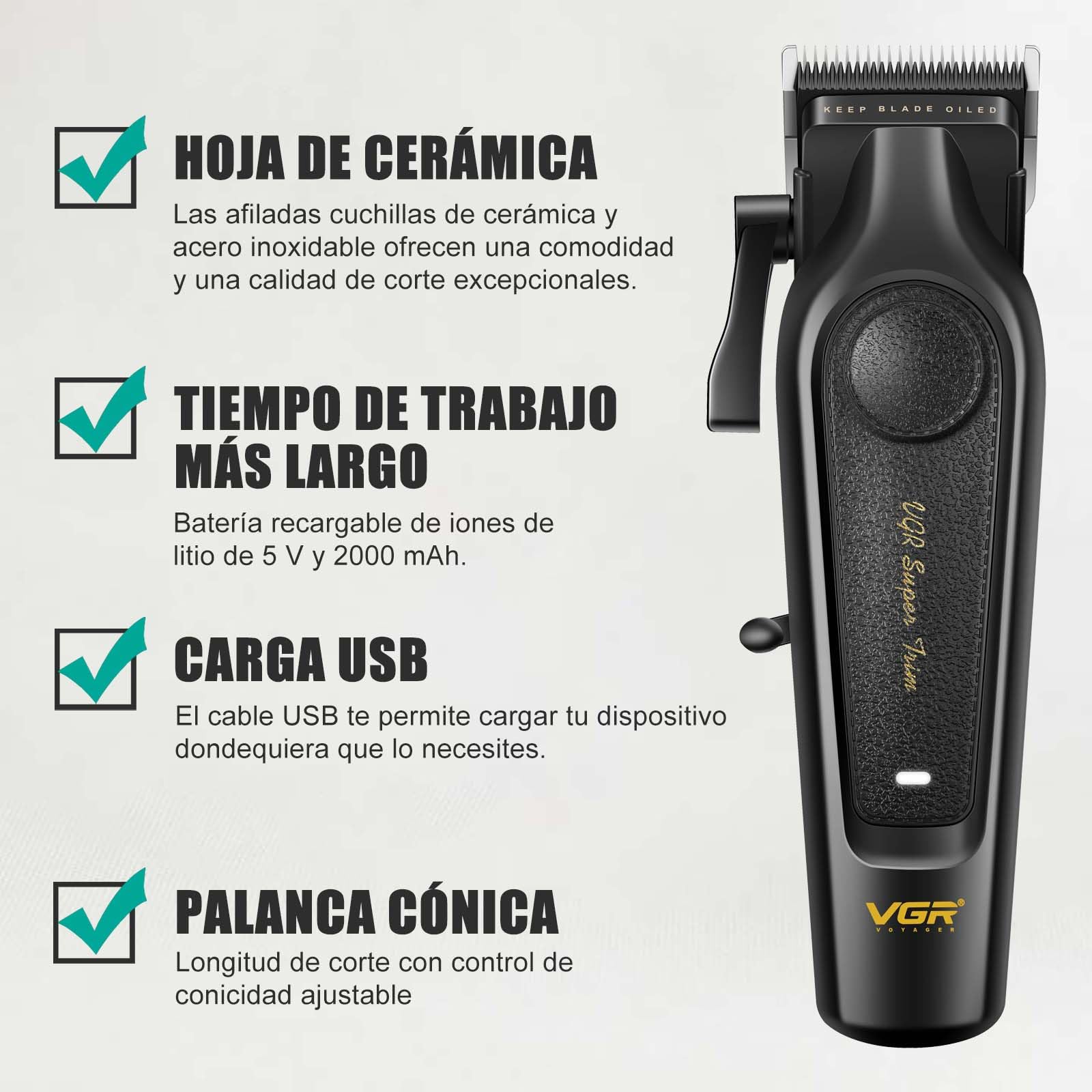 VGR 197 Maquina de Cortar Pelo Hombre Profesional con Palanca Ajustable | Clipper Maquina Pelo con Cuchillas de Cerámica, Cortapelos Profesional Inalámbrico con 6 Peines Guía, Carga USB y Luz LED