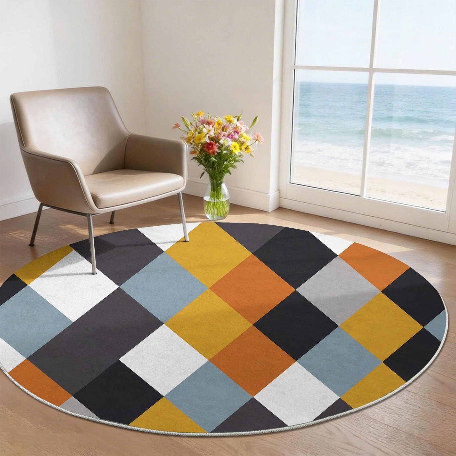 Generisch Argyle patchwork, nadający się do prania, okrągły, 150 cm, kolorowy, okrągły dywan do salonu, antypoślizgowy, do sypialni, shabby chic, z krótkim włosiem, okrągły dywan do korytarza