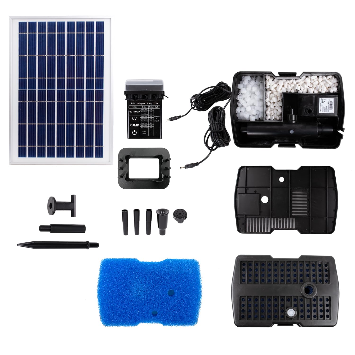 AMUR Kit Pompe Fontaine Solaire de Bassin avec Bac de Filtration UV Anti-Algues, Batterie Li-ion, Panneau Solaire Cadre Alu Robuste (Aqua-vital 9-uv-c)