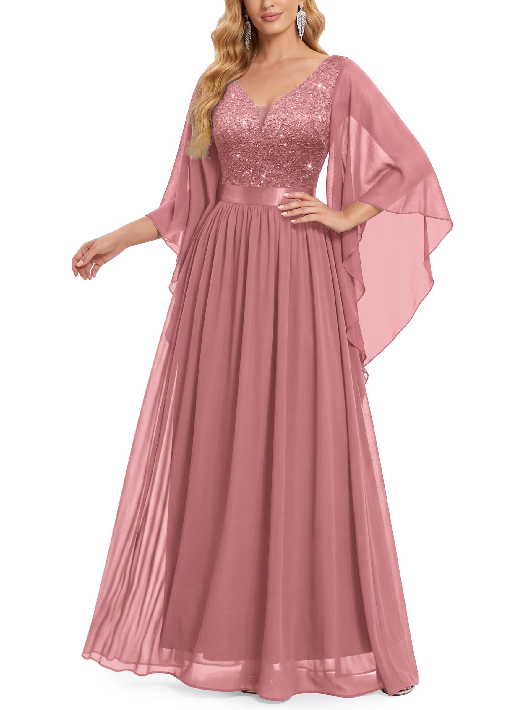 Miusol Women's Deep-V Neck Lace Contrast Sequin Formal Evening Maxi Dress