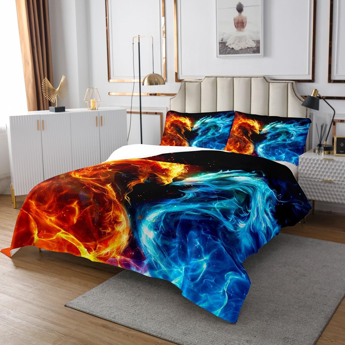 Feelyou Dragon Monster Coverlet Set Twin Size Ice Fire Dragon for Kids Boys Girls Teens Magic Animal Bedding Set Bedspread Mysterious Dragon Bed Cover 2Pcs