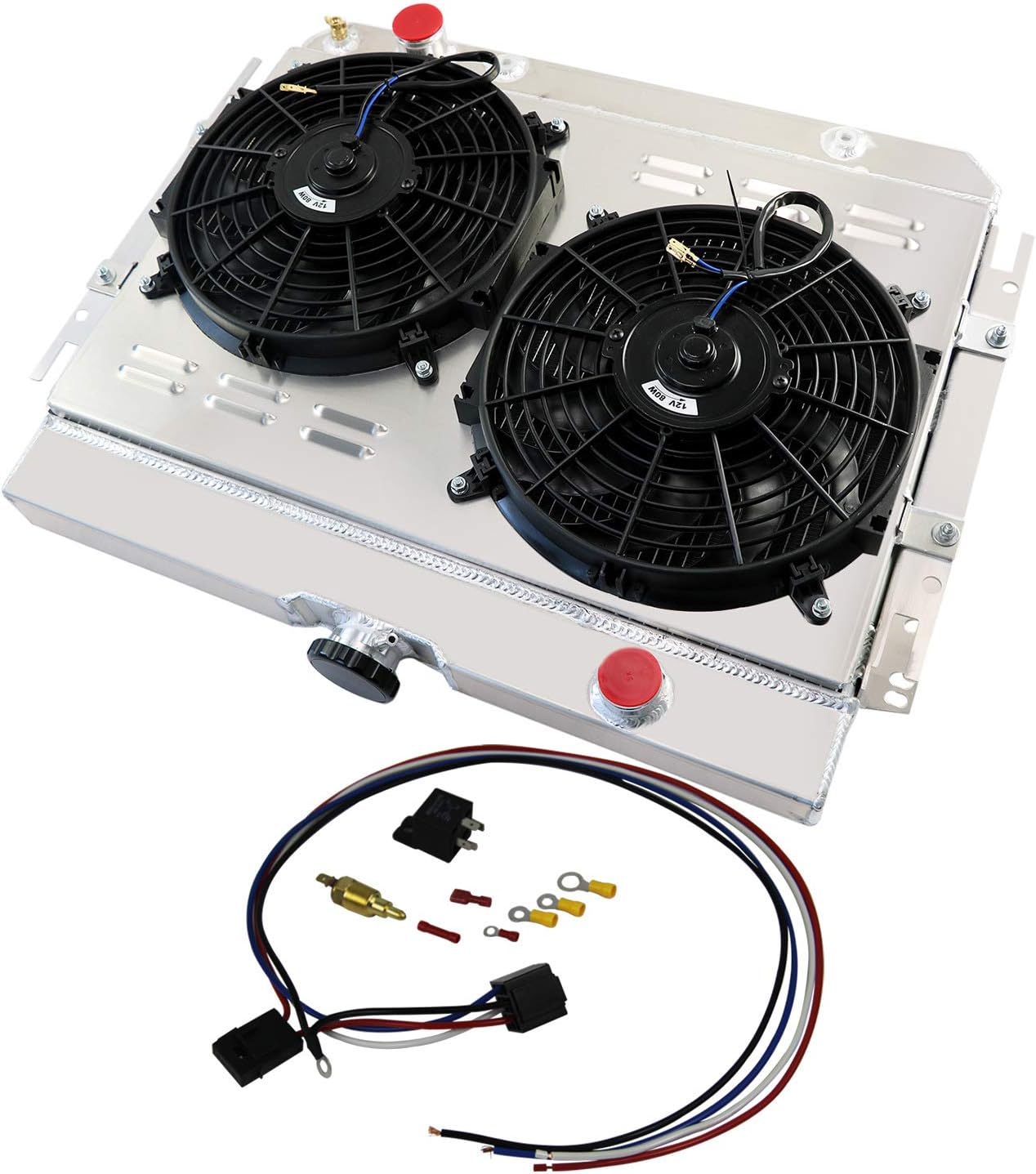 ALLOYWORKS 4 Row All Aluminum Radiator+Shroud Fan+Relay For 1963-1968 Chevy Chevrolet Bel Air/Biscayne/Caprice/Impala/Chevelle/El Camino 3.8 4.1 4.6L 5.3L 6.5L L6 V8