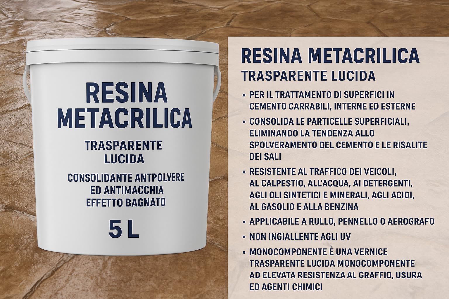Résine méthacrylique transparente brillante monocomposant – Protection effet humide anti-poussière pour sols extérieurs en béton et sols imprimés – Haute résistance UV et chimique (40 m² – 5 l)