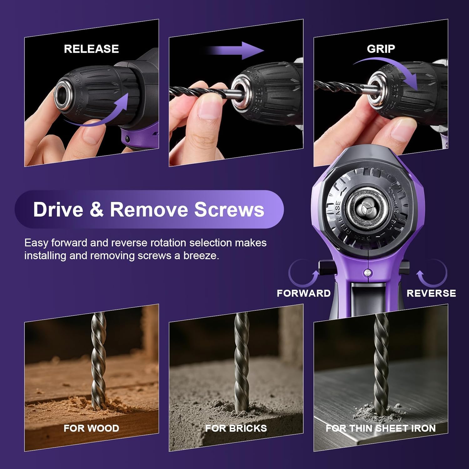 Tool Kit: 139 PCS Cordless Drill Set with Li-Ion Battery, 8V Power Drill with Type-C Charging, Portable Basic Home Tool Set for DIY Projects (Purple-A)