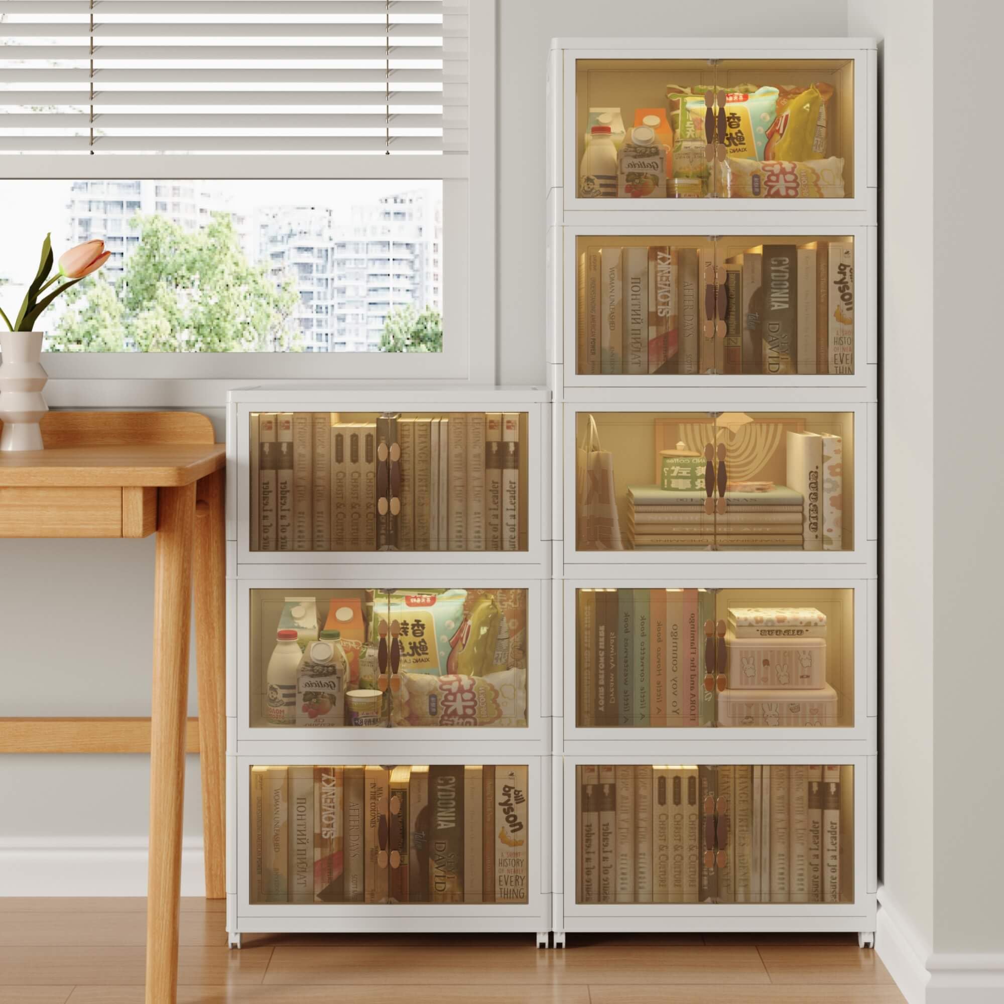 Jiroka 収納キャビネット 折りたたみ式 収納ボックス 積み重ね 組立簡単 収納ケース クローゼット 収納 コンテナ ボックス 大容量 前開き扉 蓋付き マグネット式扉 キャスター付き 移動便利 省スペース 防塵 防湿 無臭 多機能 強い耐荷重 家庭用 業務/オフィス用 一体型3段式(55x35x95cm 141L)