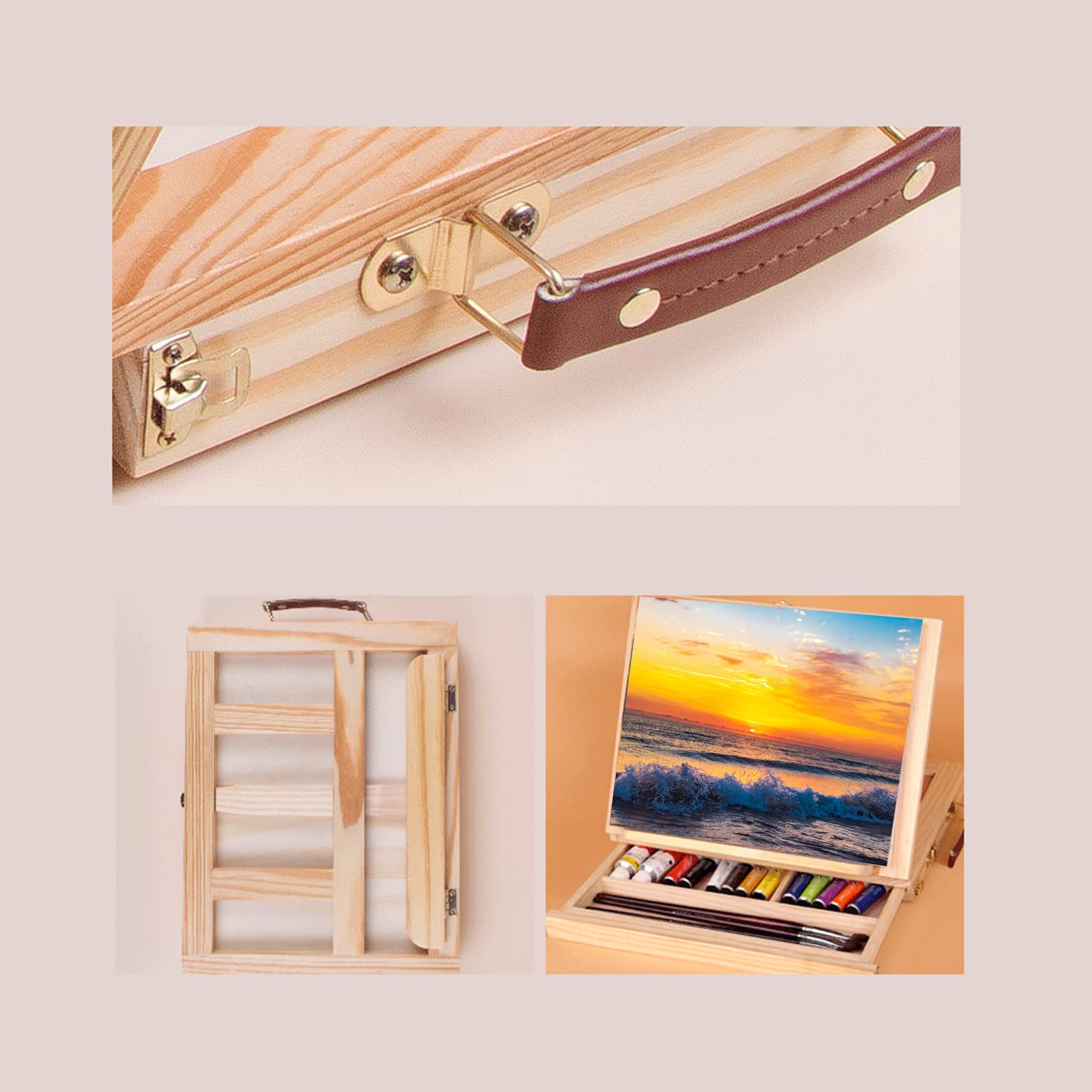Sorandy Caballete de Mesa, Barra de Riel Ajustable, 4 ángulos, Plegable, Liviano, Resistente, Soporte de Exhibición de Madera de Pino con Cajón para Pinturas, Obras de Arte, Fotos,
