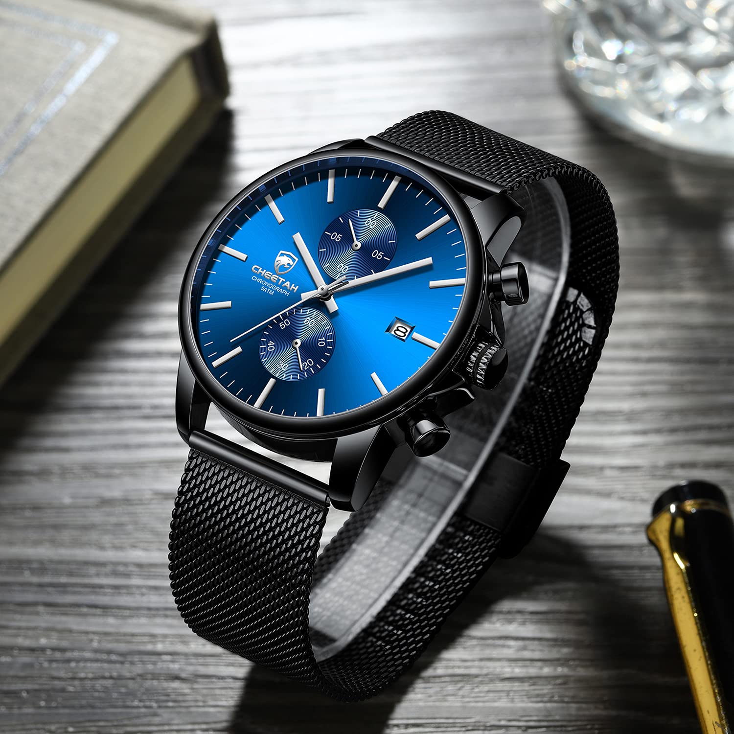 GOLDEN HOUR Montre à Quartz analogique Tendance et Minimaliste en Maille d'acier Inoxydable étanche chronographe pour Homme avec Date Automatique